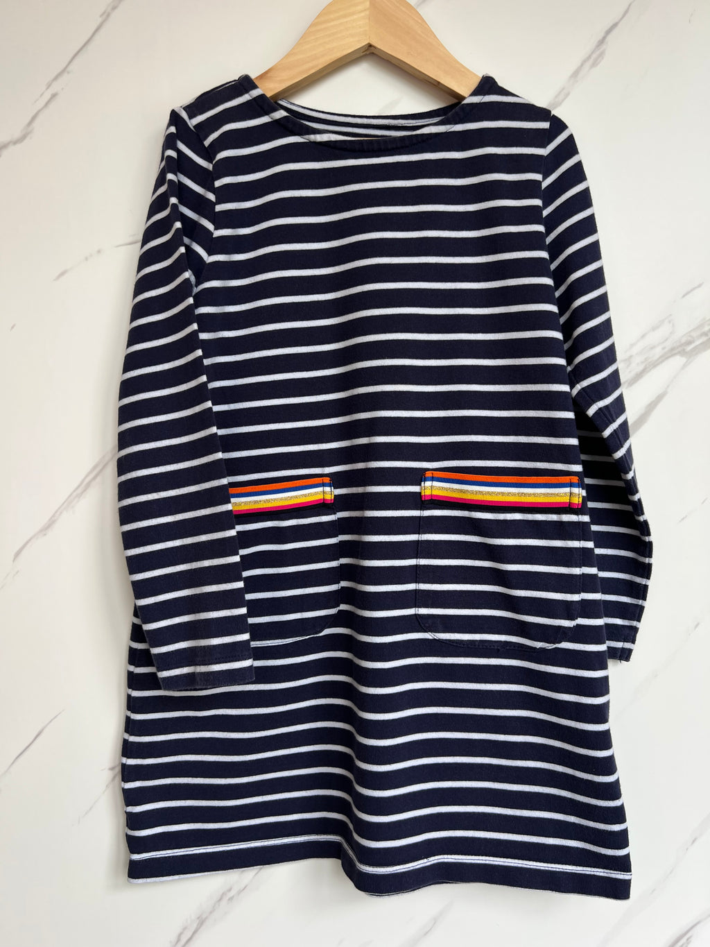 Mountain Warehouse Navy Striped Dress with Rainbow Pockets Age 7-8 Years