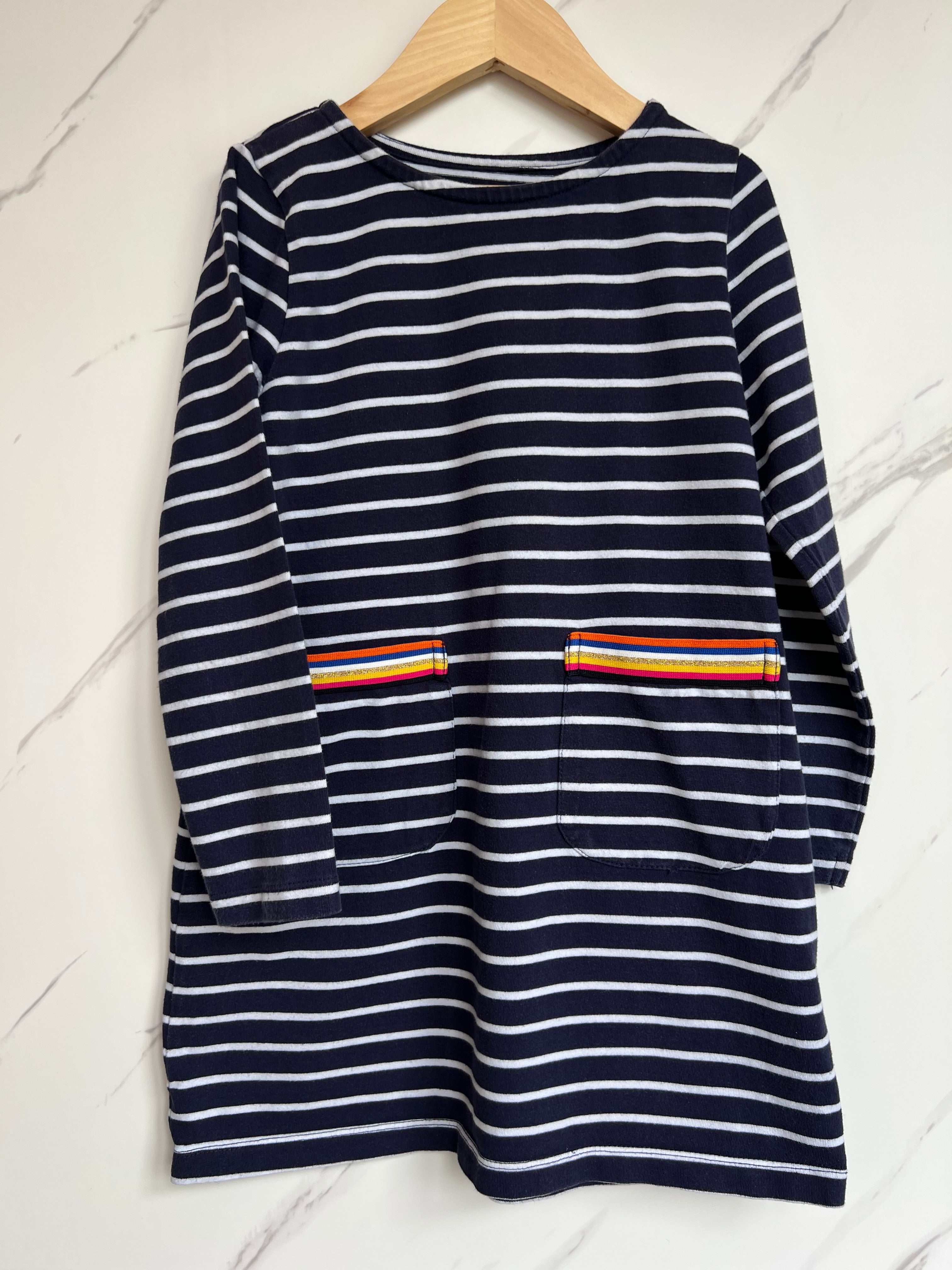 Mountain Warehouse Navy Striped Dress with Rainbow Pockets Age 7-8 Years