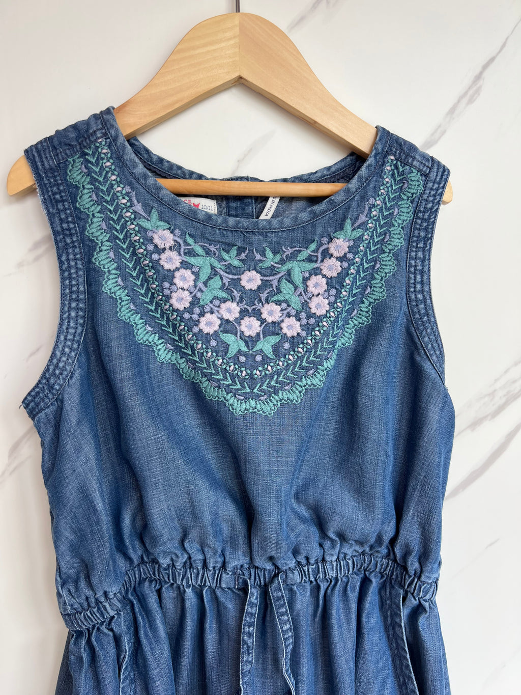 Fatface Denim Dress with Turquoise Embroidery Age 10-11 Years