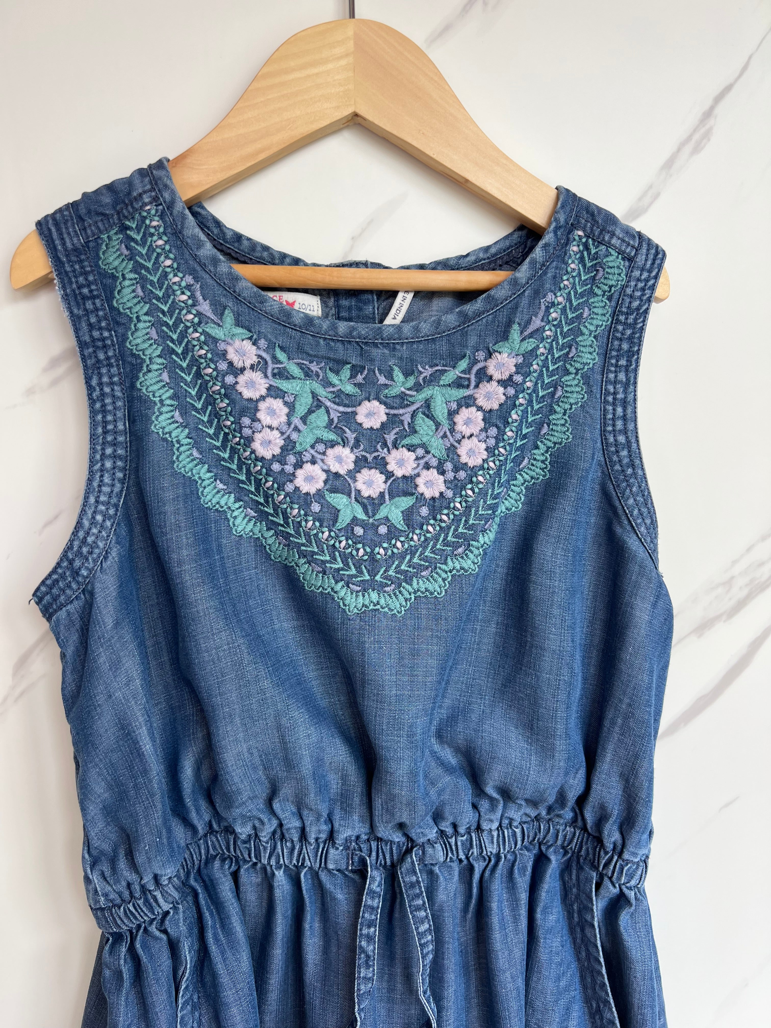 Fatface Denim Dress with Turquoise Embroidery Age 10-11 Years