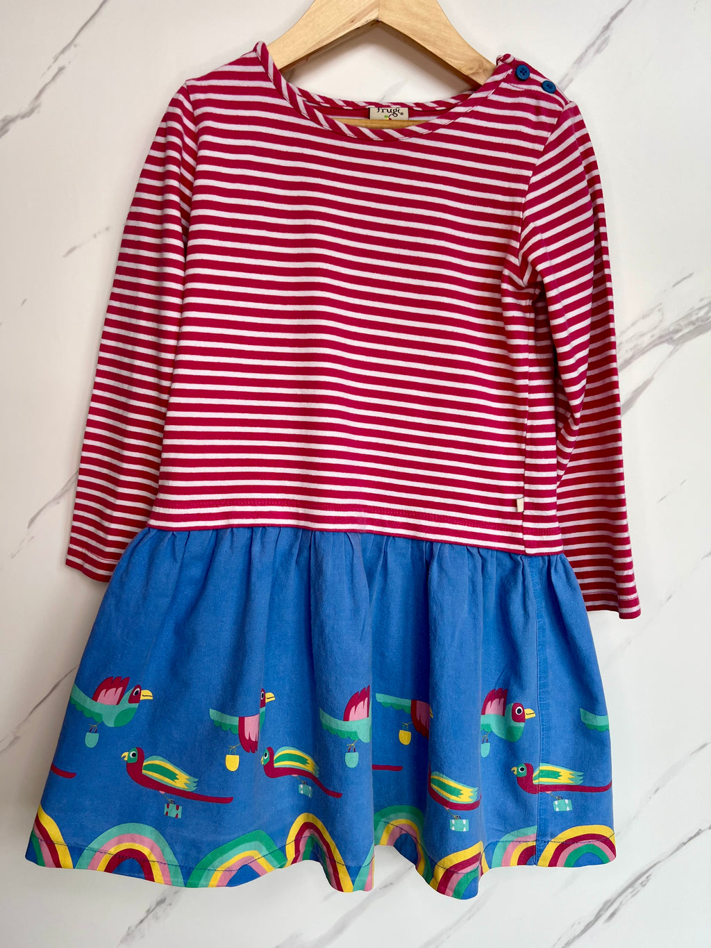 Frugi Long-Sleeved Rainbow & Birds Dress Age 6-7 Years