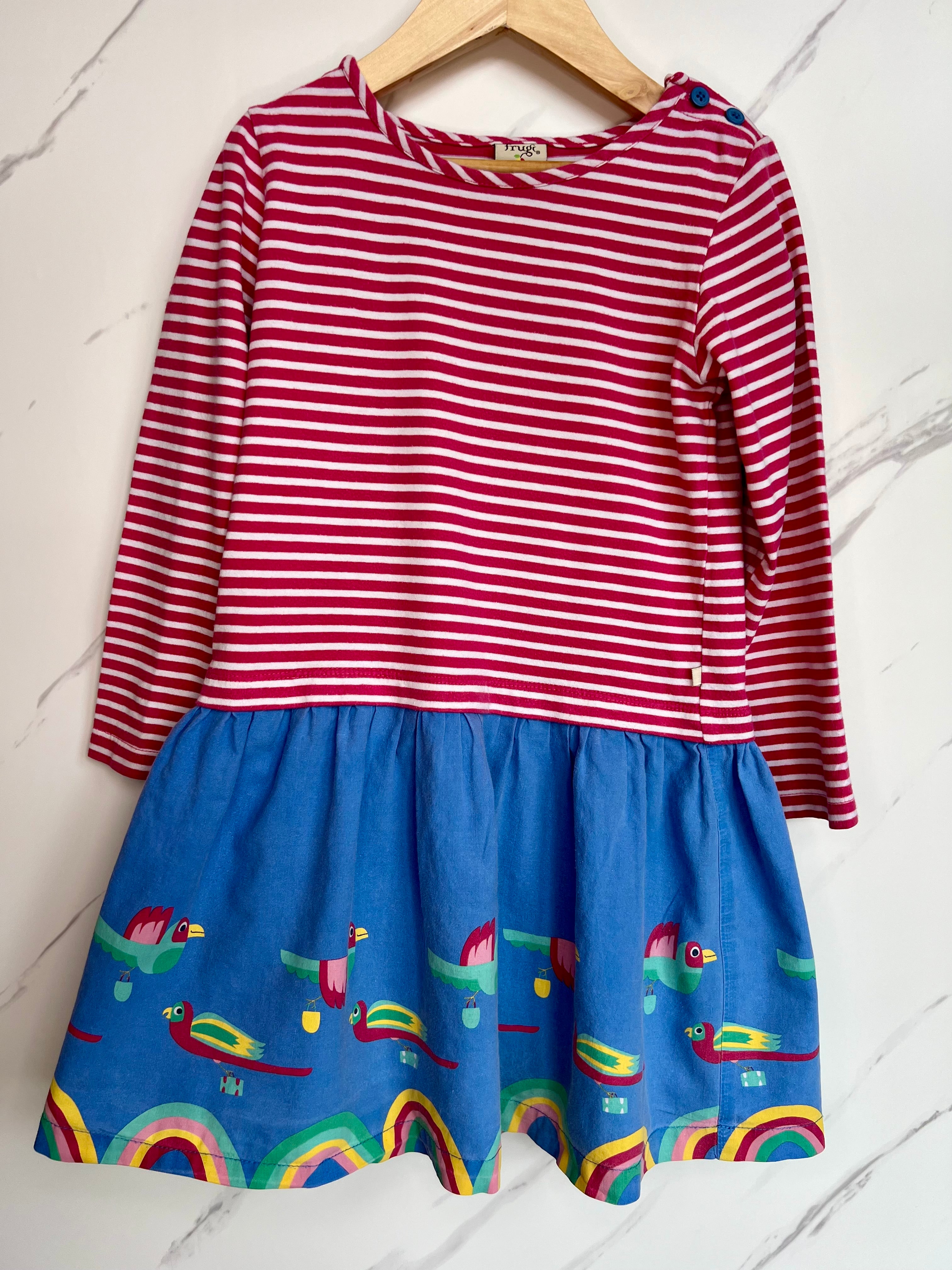 Frugi Long-Sleeved Rainbow & Birds Dress Age 6-7 Years