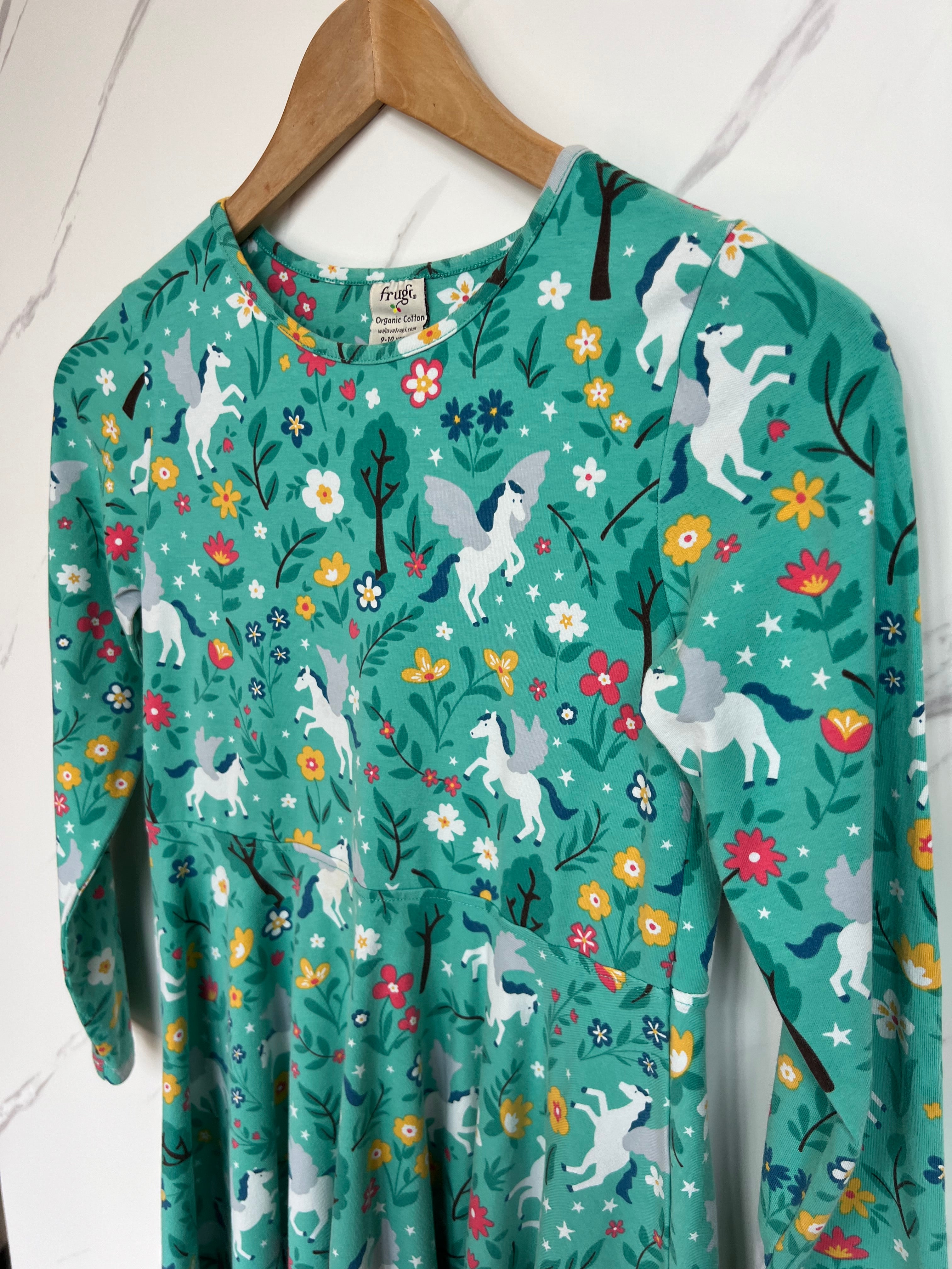Frugi Green Horse Skater Dress Age 9-10 Years
