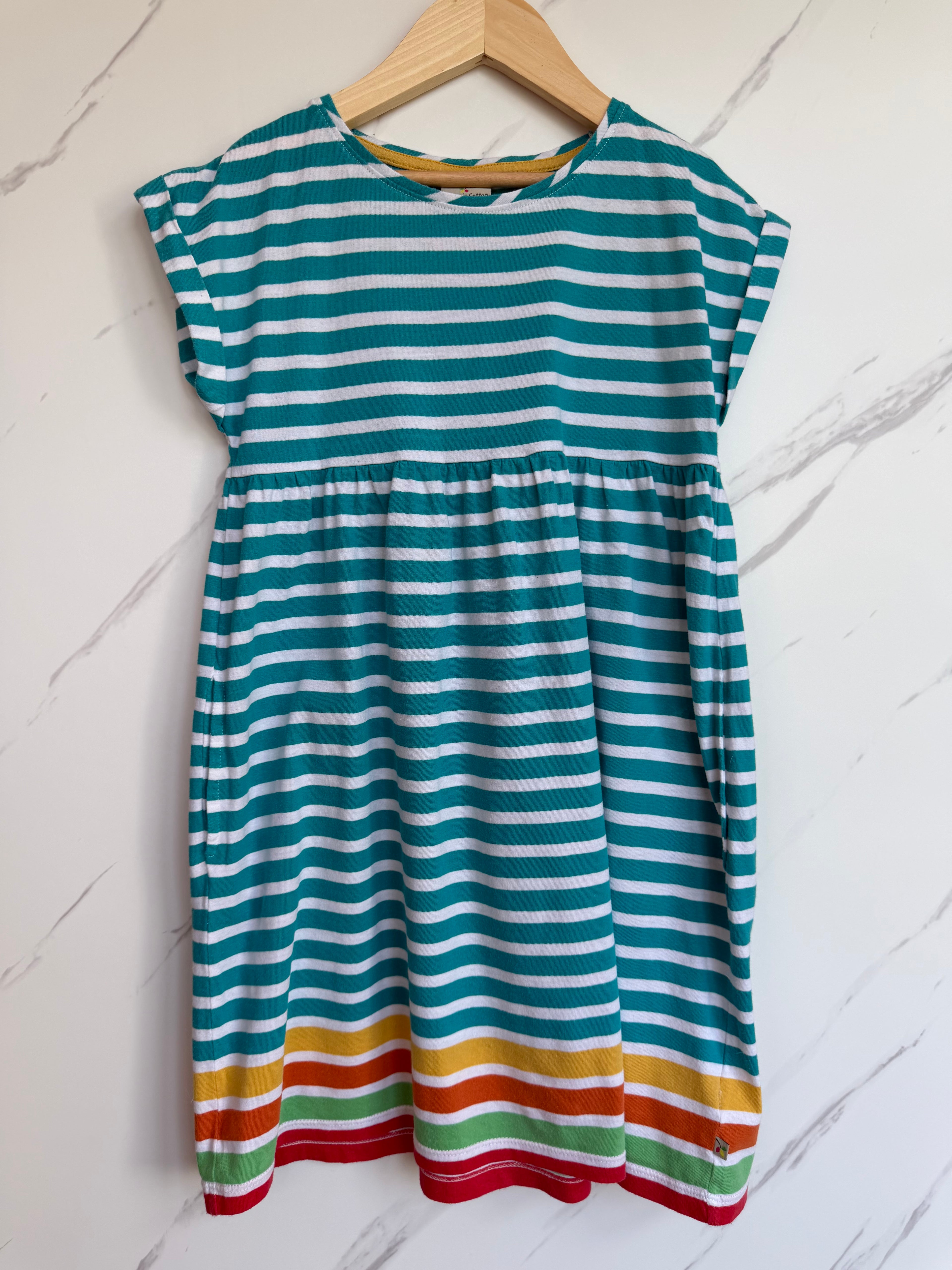 Frugi Turquoise/Rainbow Striped Jersey Dress Age 7-8 Years