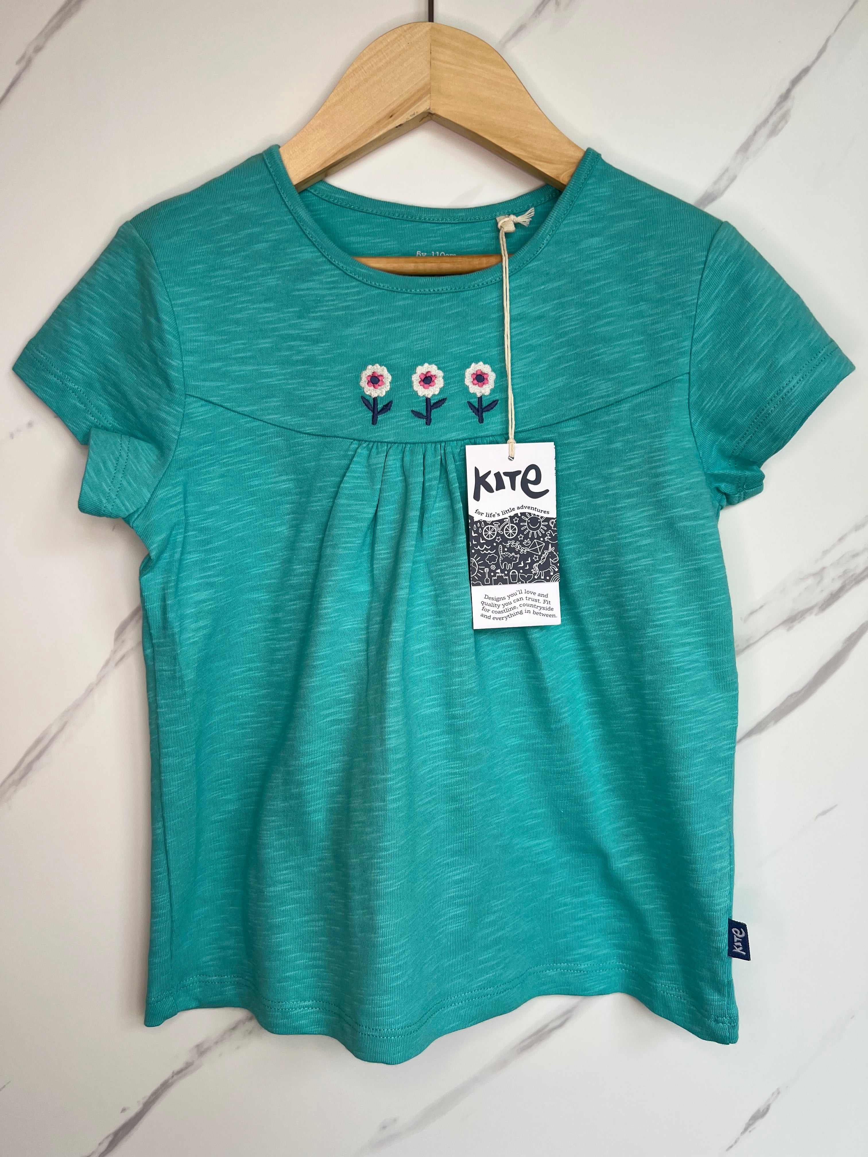 Kite Turquoise Embroidered Flowers T-Shirt Age 5 Years