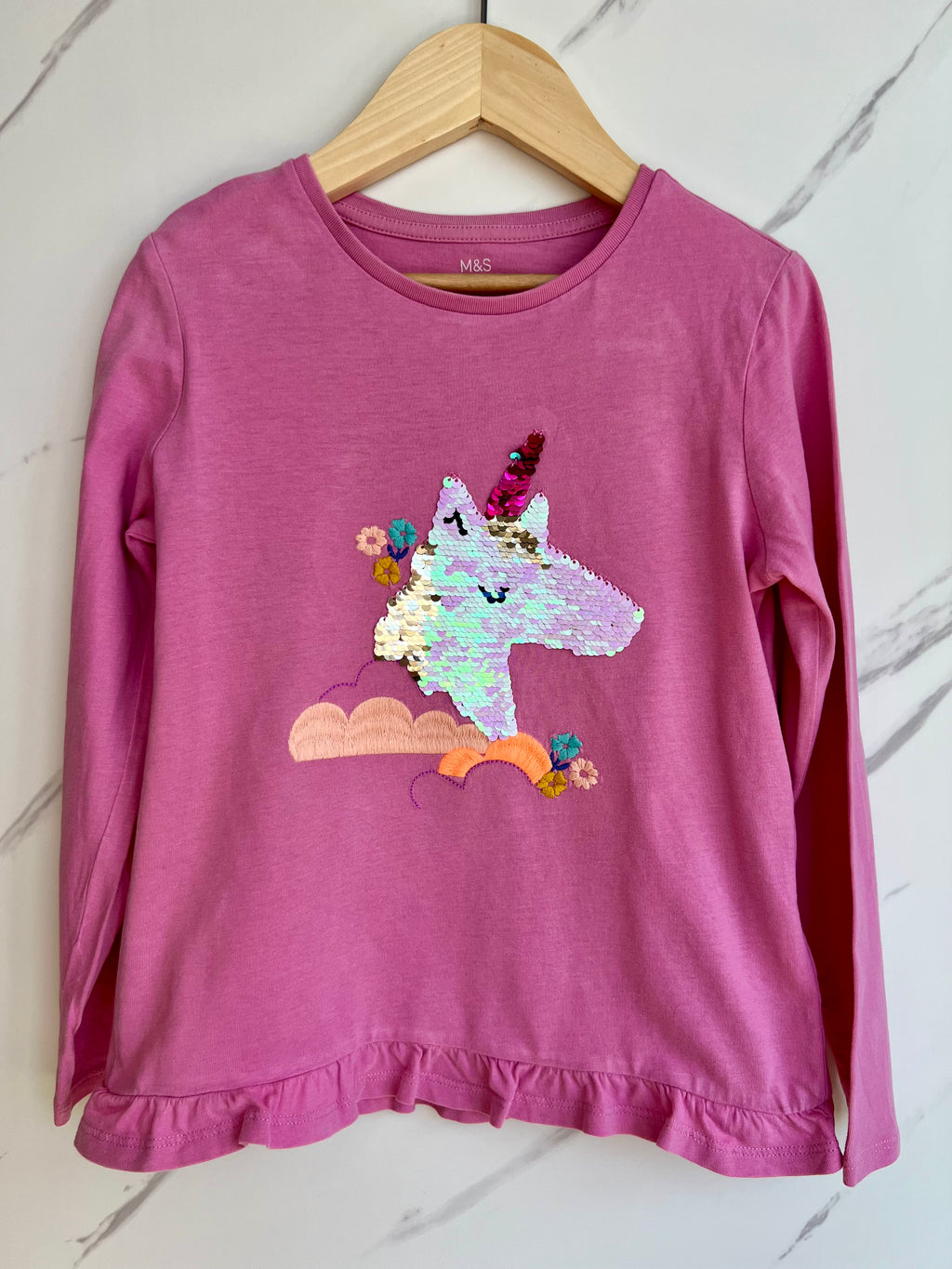 M&S Pink Sequinned Unicorn Long-Sleeved Top Age 6-7 Years