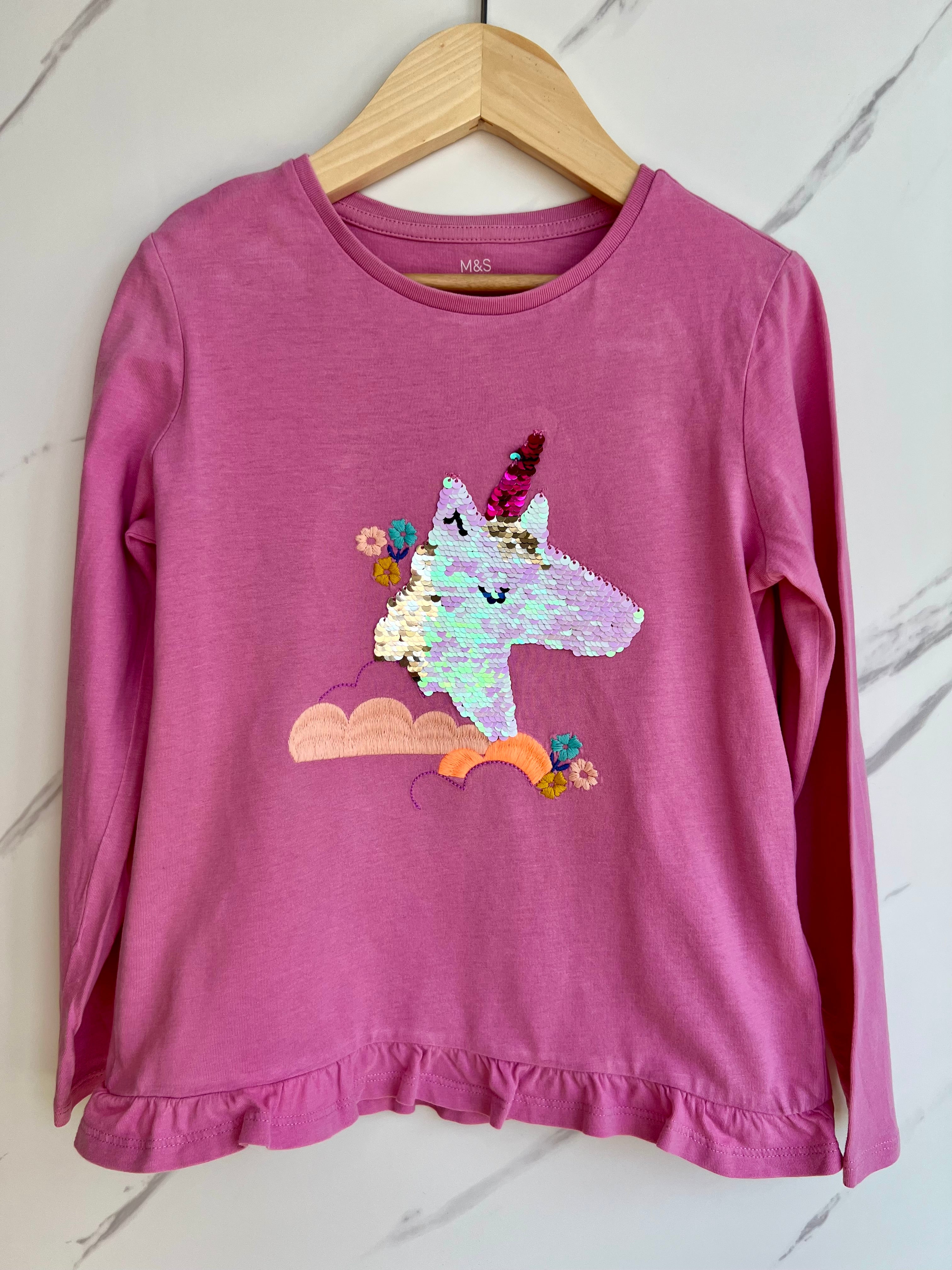 M&S Pink Sequinned Unicorn Long-Sleeved Top Age 6-7 Years