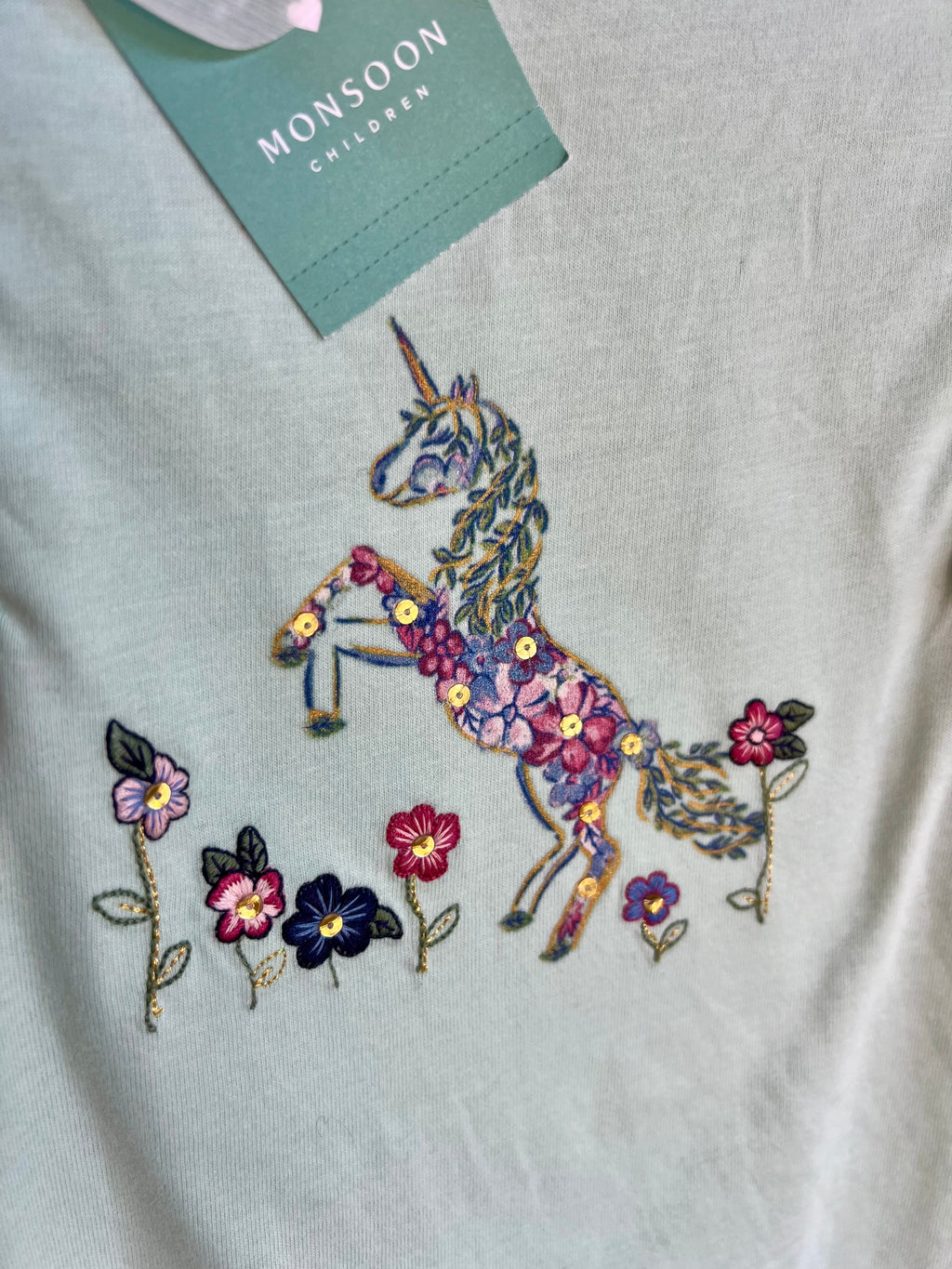 Monsoon Mint Green Unicorn Scene Long-Sleeved Top Age 7-8 Years