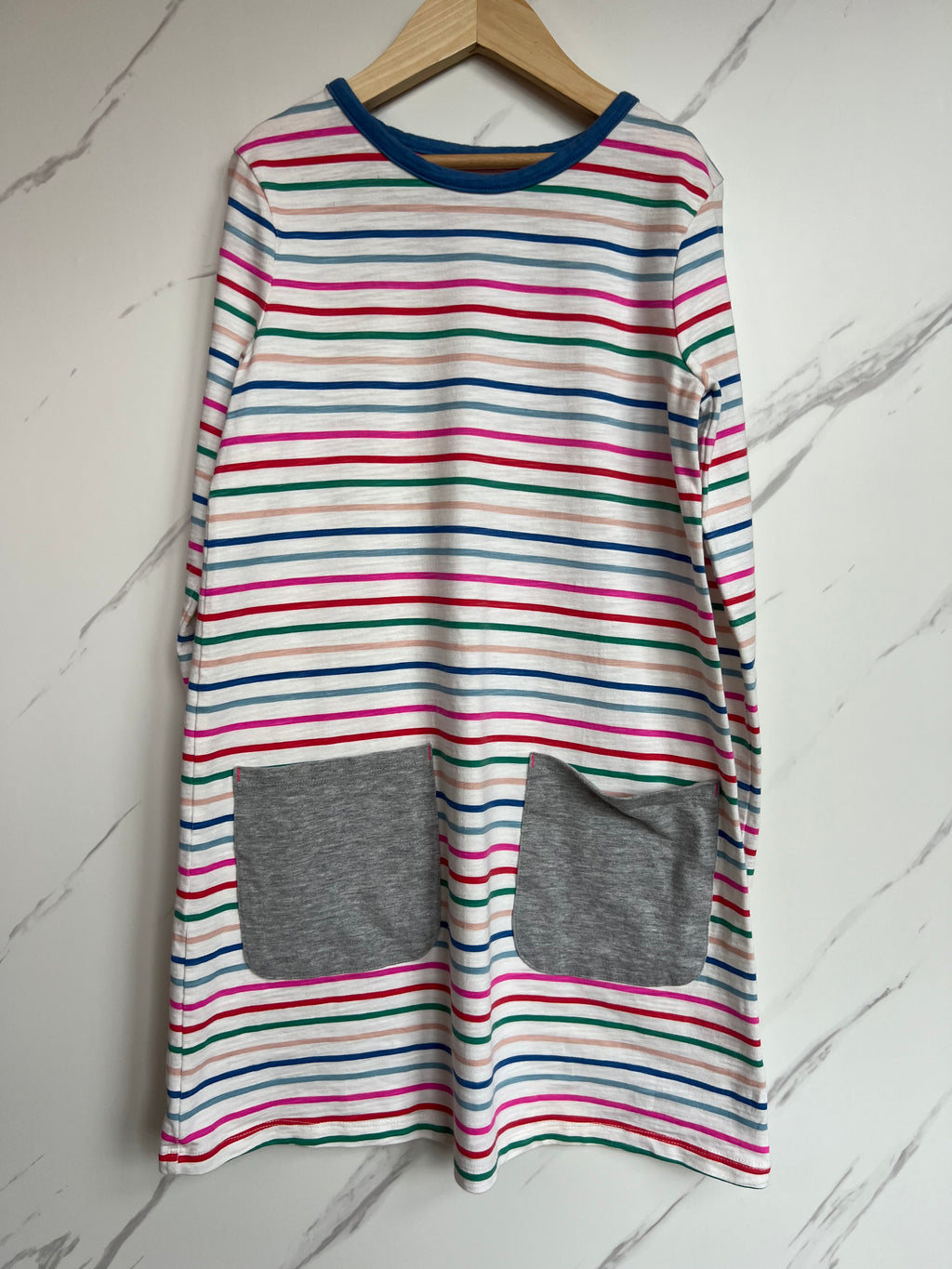 Boden White with Rainbow Stripes Long-Sleeved Dress Age 9-10 Years