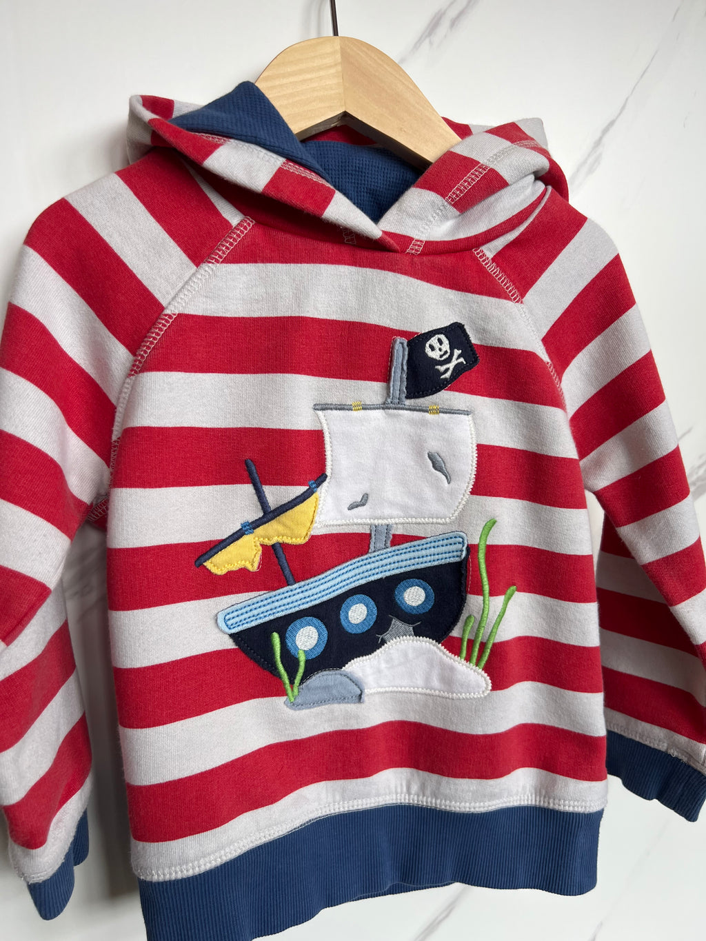 Frugi Red Striped Pirate Ship Hooded Sweatshirt Age 3-4 Years