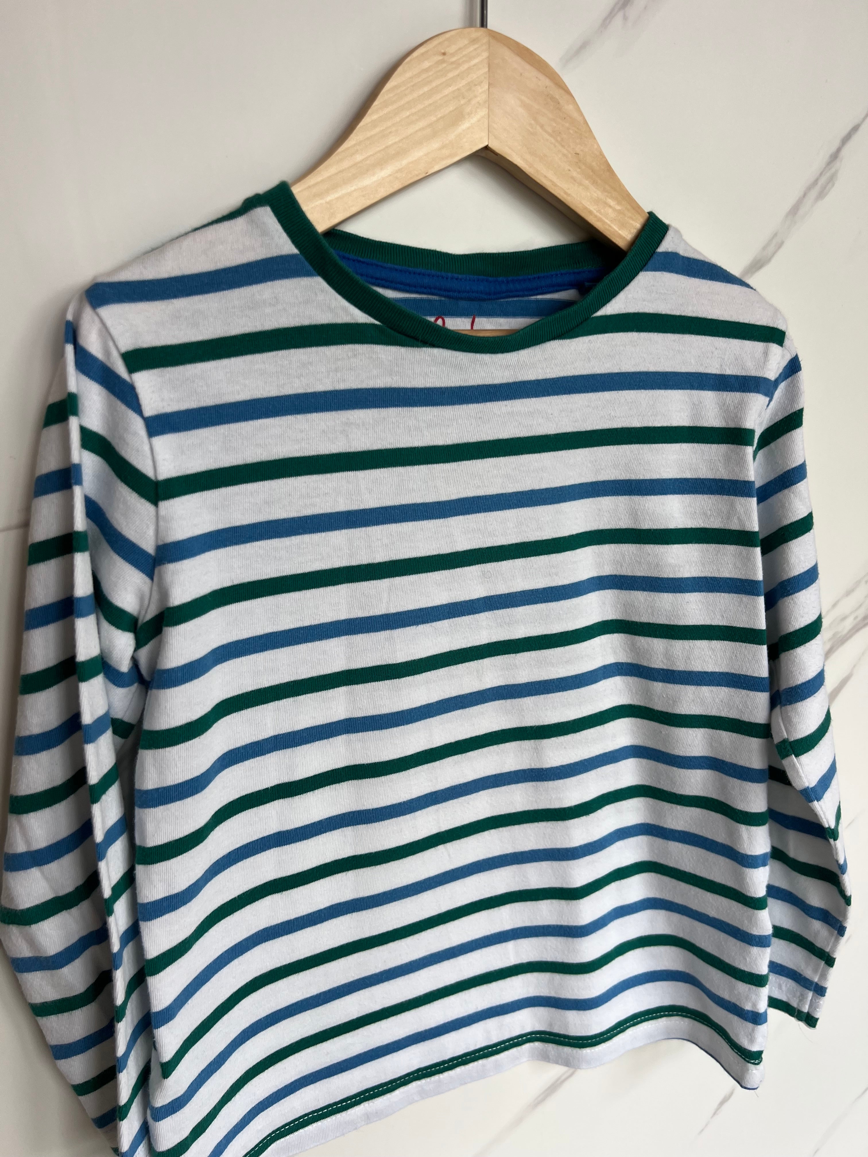 Boden Blue, Green & White Striped Long-Sleeved Top Age 6-7 Years