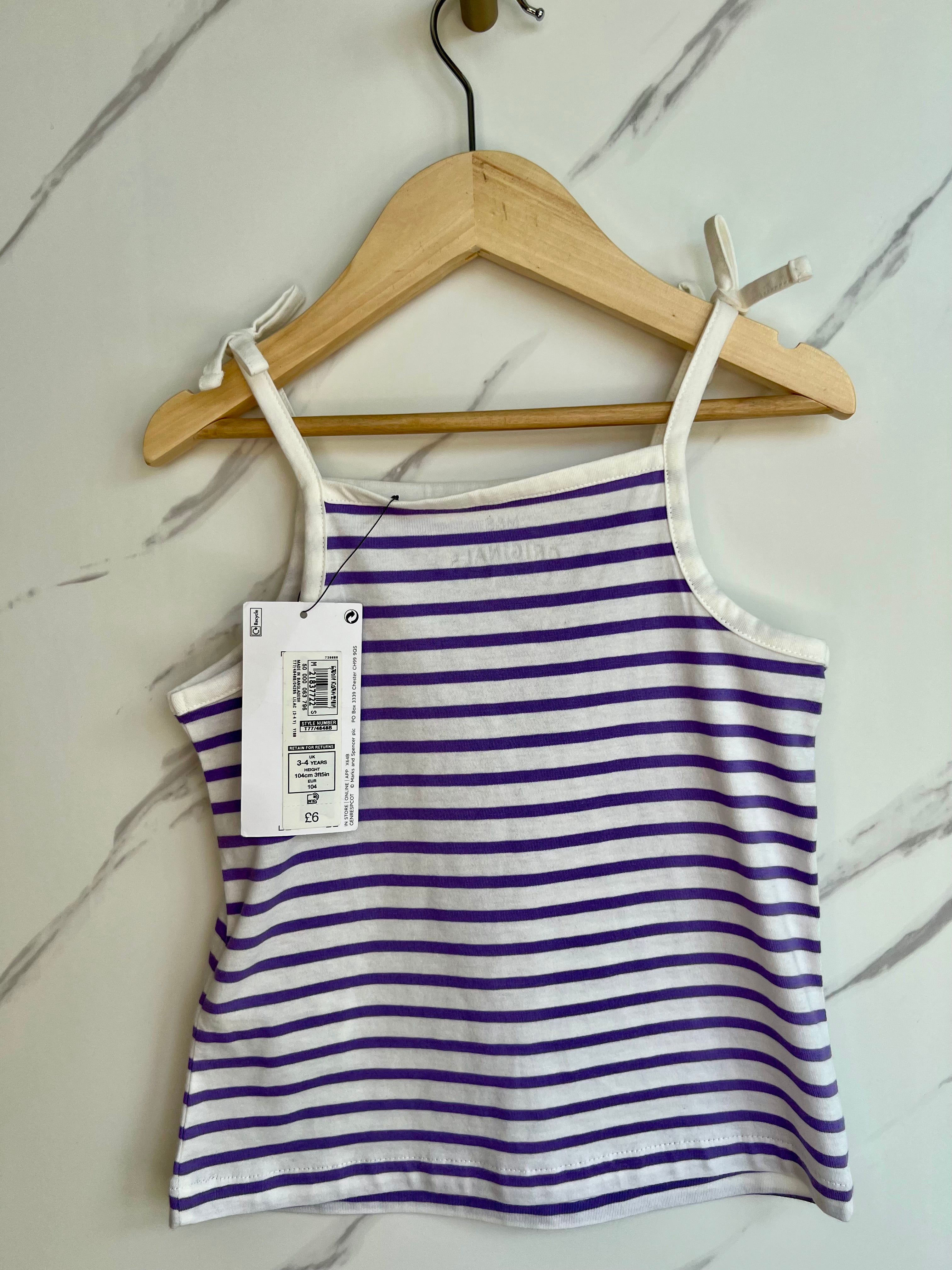 M&S White and Purple Striped Vest Top Age 3-4 Years