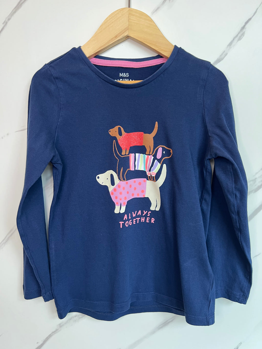 M&S Navy Dog Trio Long Sleeved Top Age 6-7 Years