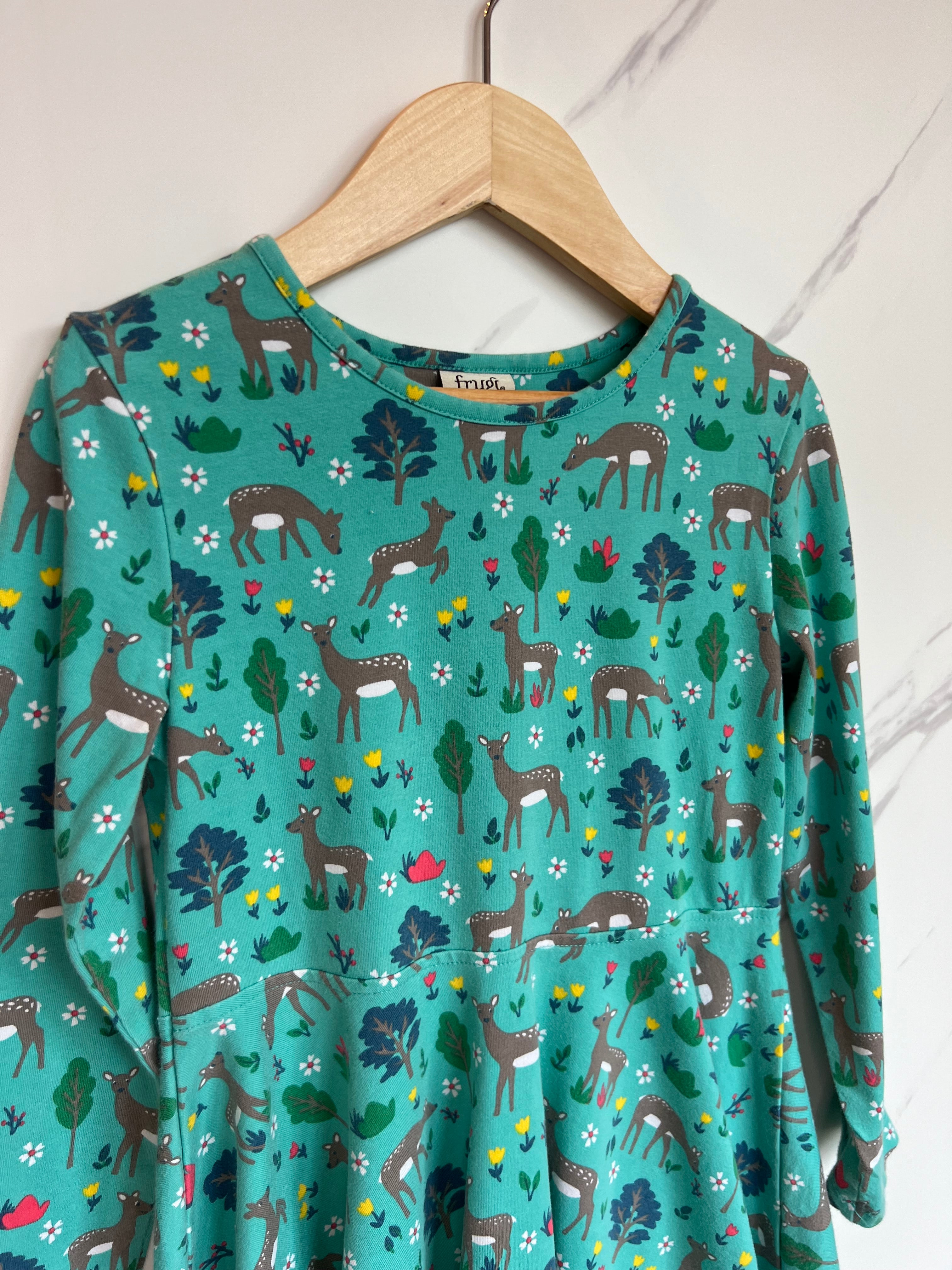 Frugi Green Deer Skater Dress Age 6-7 Years