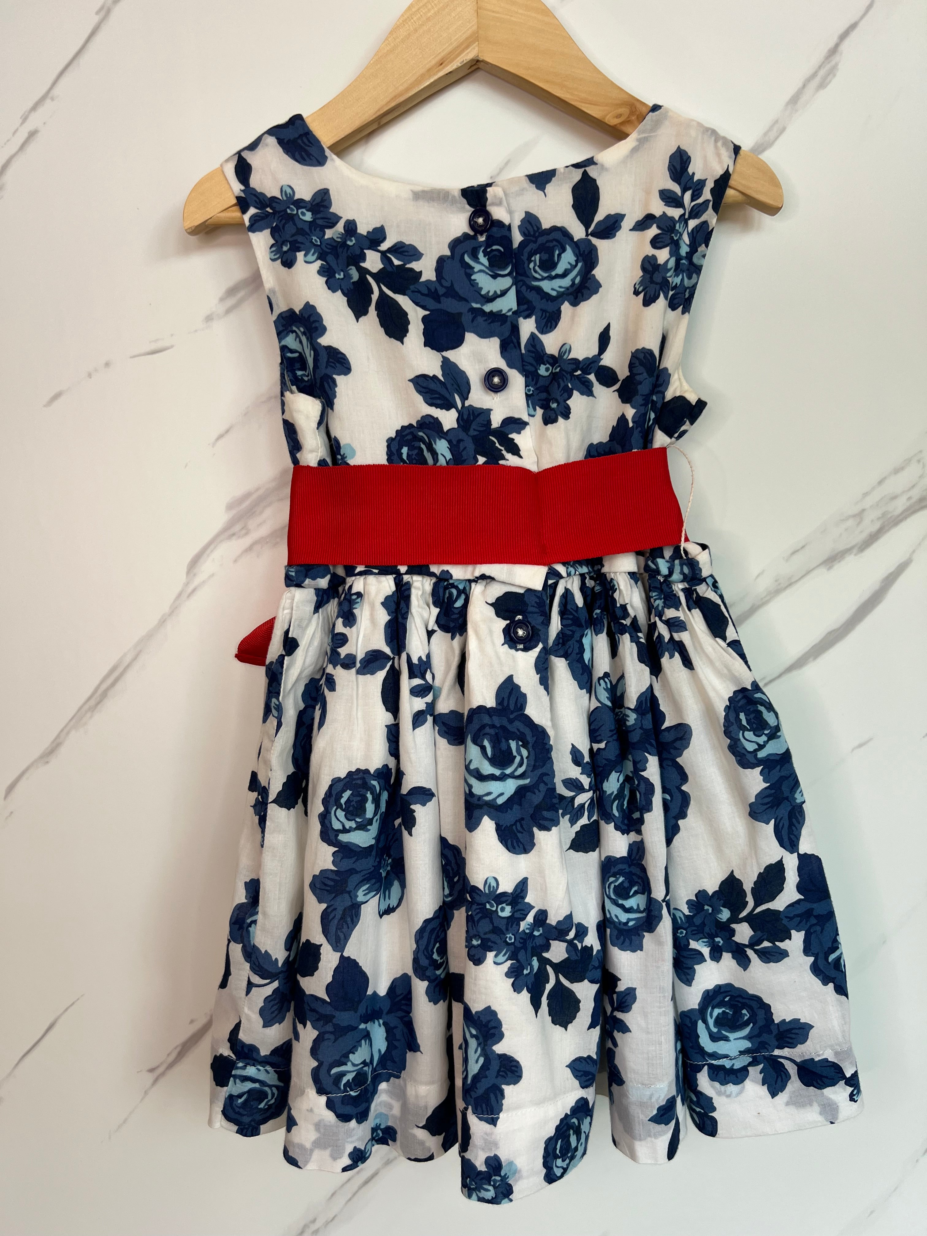 Joules White & Blue Rose Dress with Red Sash Age 3 Years