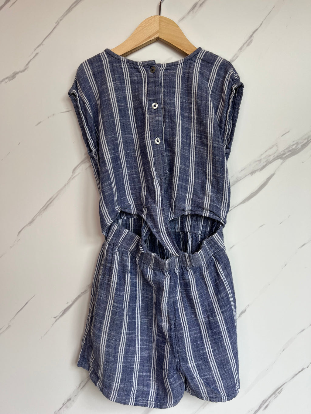 M&S Linen Blue Stripe Playsuit Age 7-8 Years