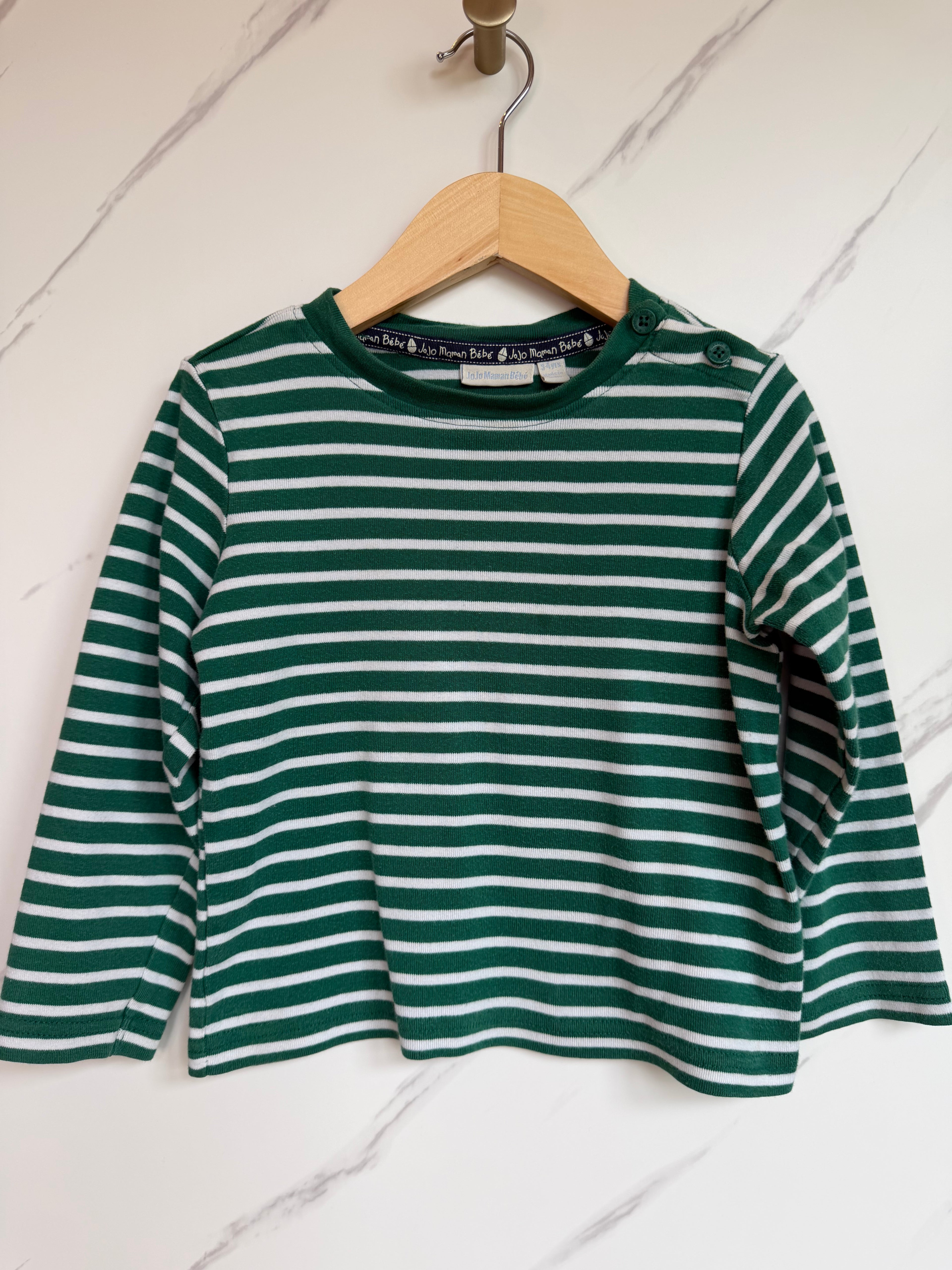 JoJo Maman Bebe Green & White Striped Long-Sleeved Top Age 3-4 Years