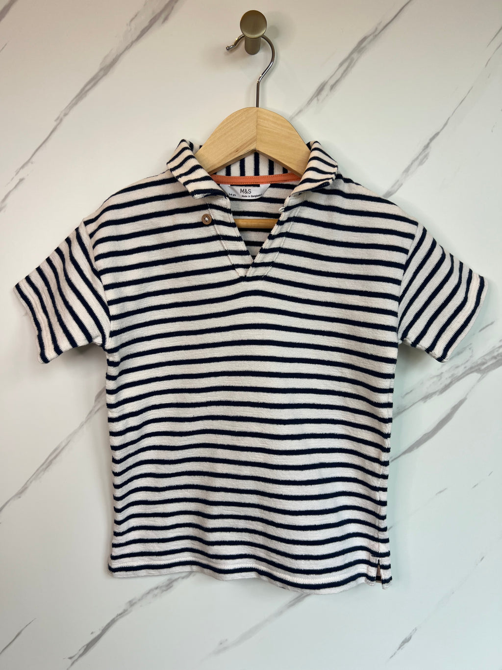M&S Navy/White Striped Polo Shirt Age 3-4 Years