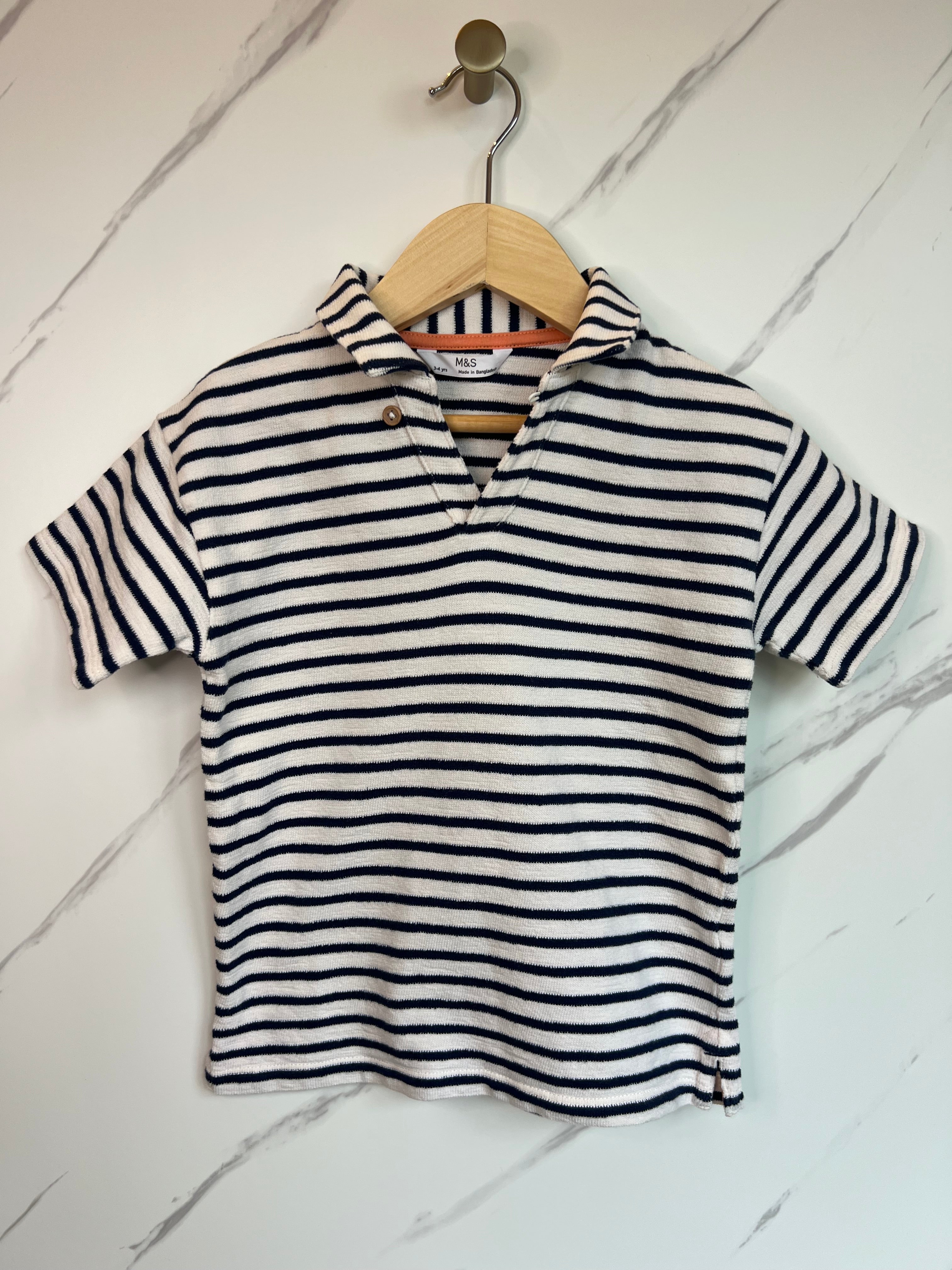 M&S Navy/White Striped Polo Shirt Age 3-4 Years