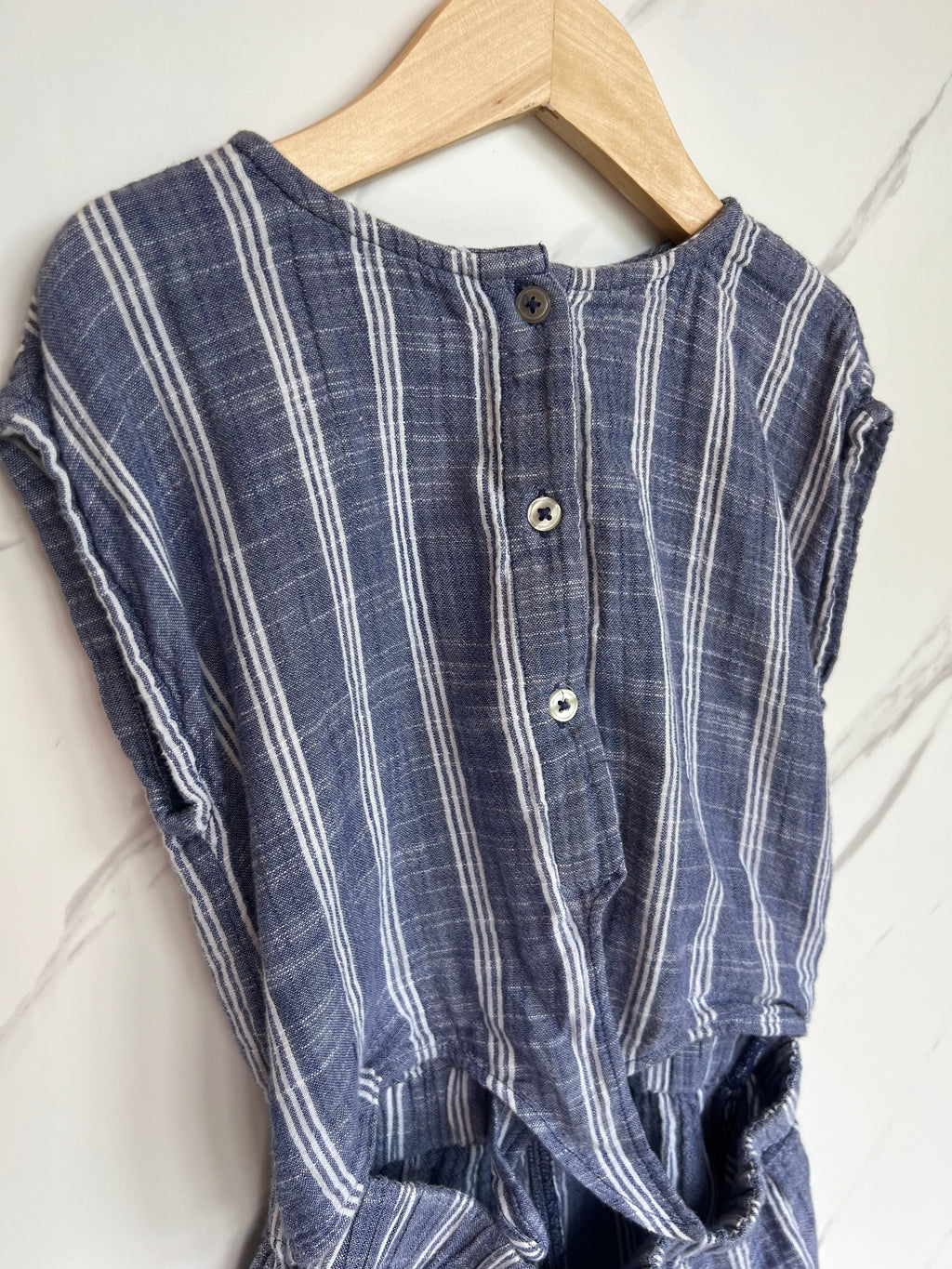 M&S Linen Blue Stripe Playsuit Age 7-8 Years
