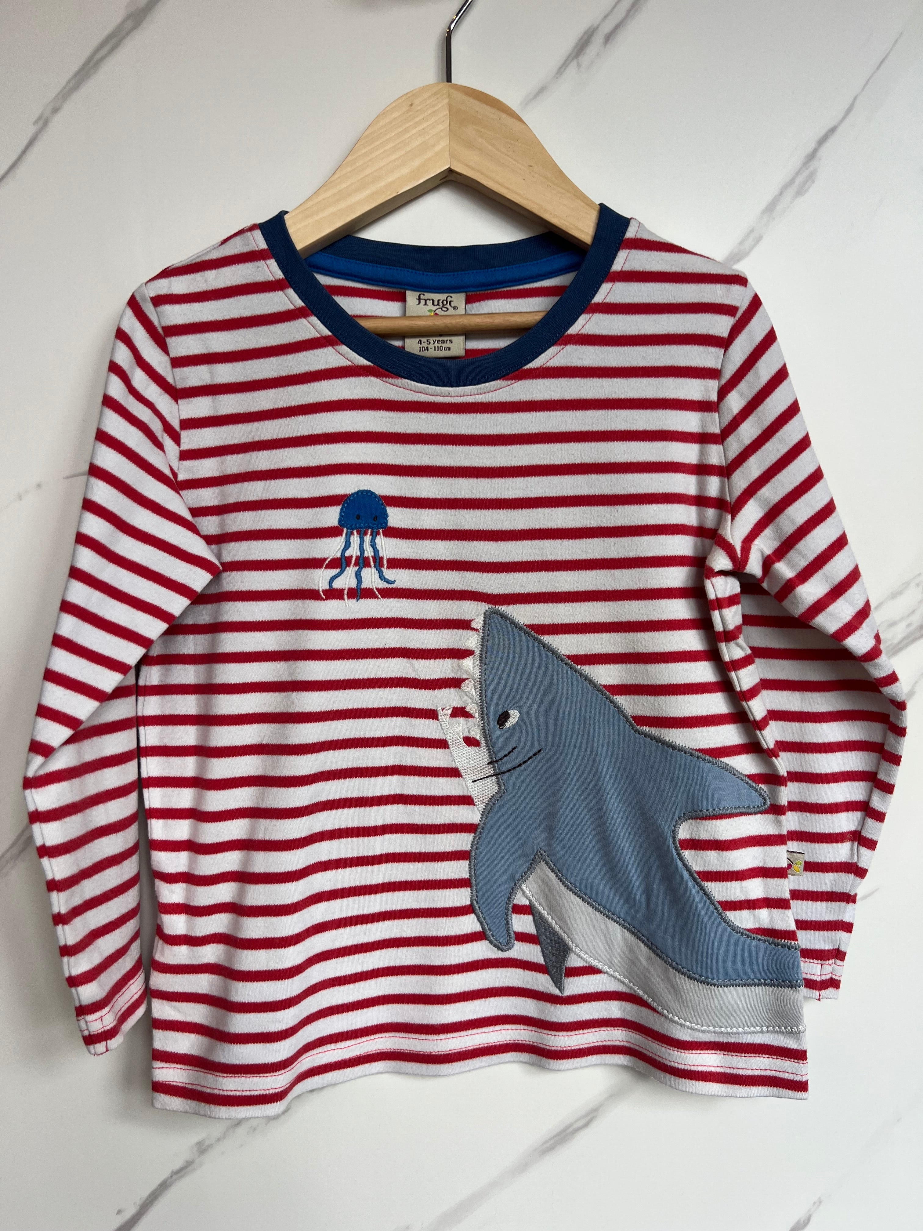 Frugi Red Stripes Shark & Octopus Long-Sleeved Top Age 4-5 Years