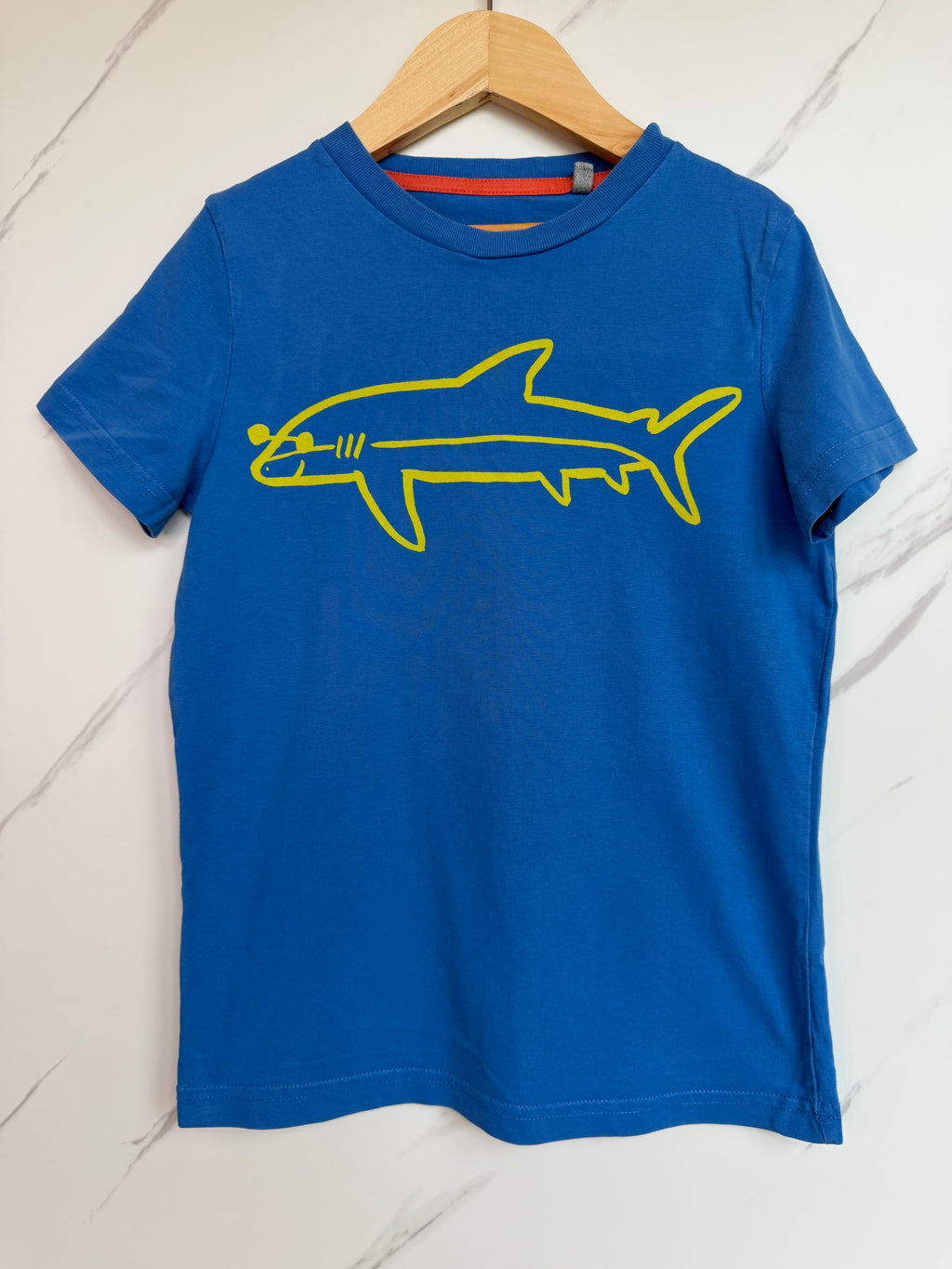 Boden Blue T-Shirt with Yellow Shark Outline Age 6-7 Years