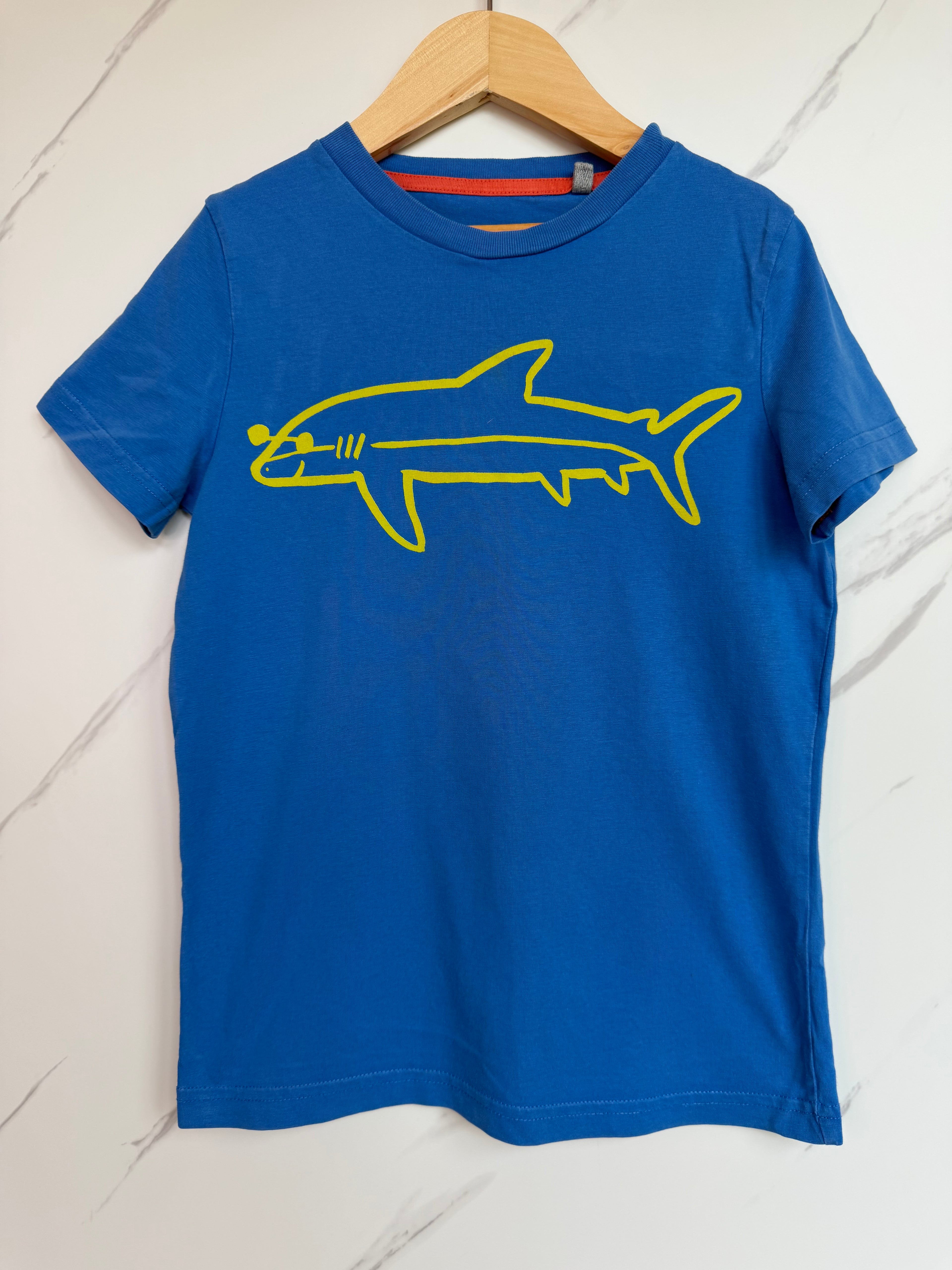 Boden Blue T-Shirt with Yellow Shark Outline Age 6-7 Years