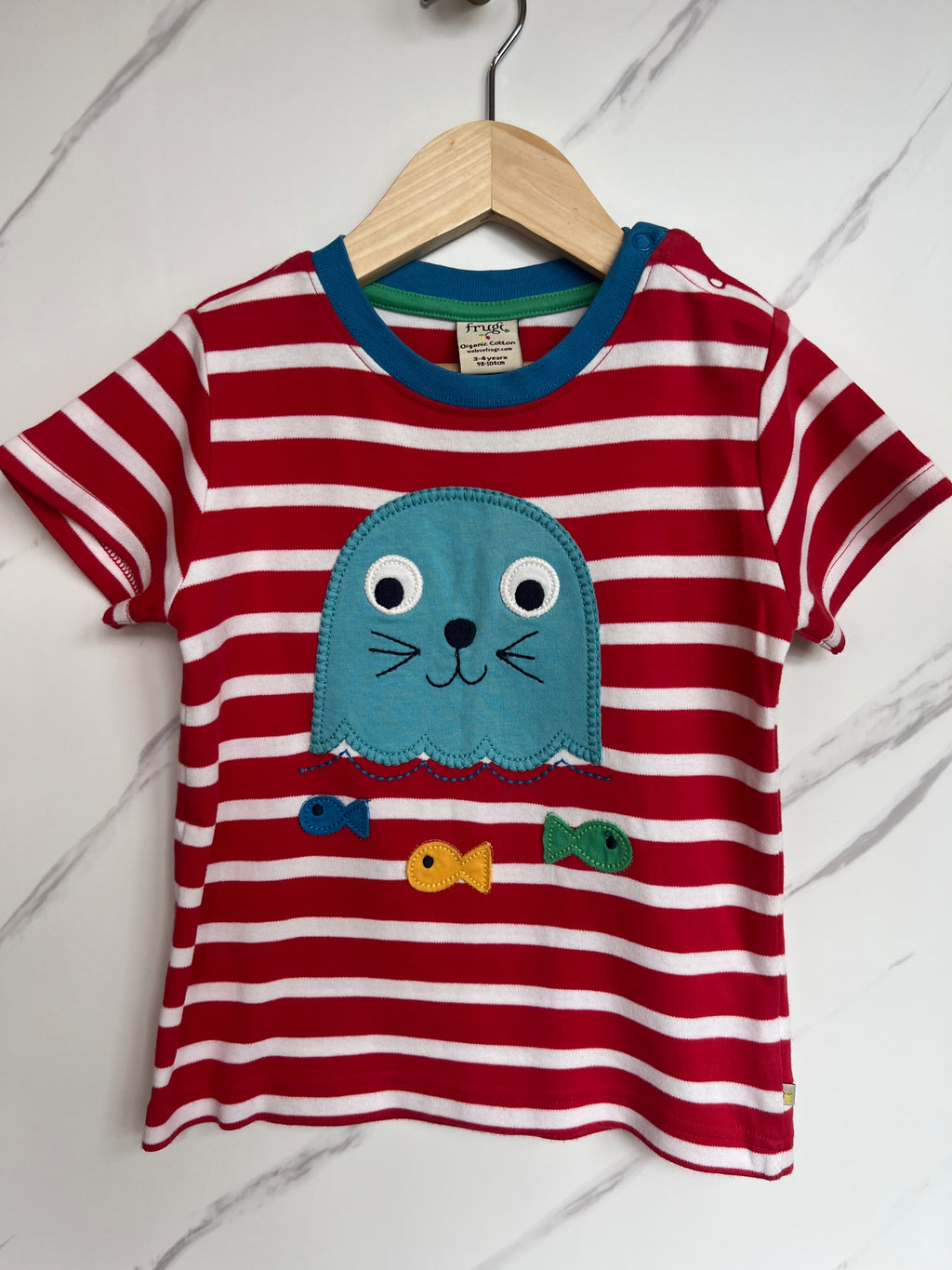 Frugi Red Striped Seal T-Shirt Age 3-4 Years