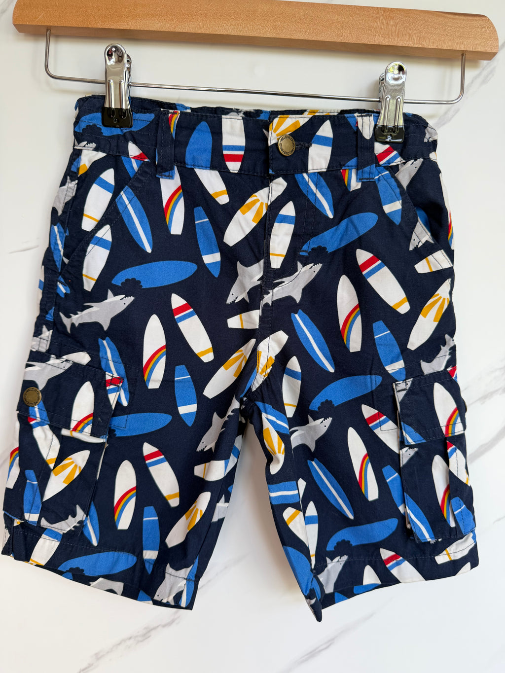 Frugi Navy Sharks & Surfboards Cargo Shorts Age 4-5 Years