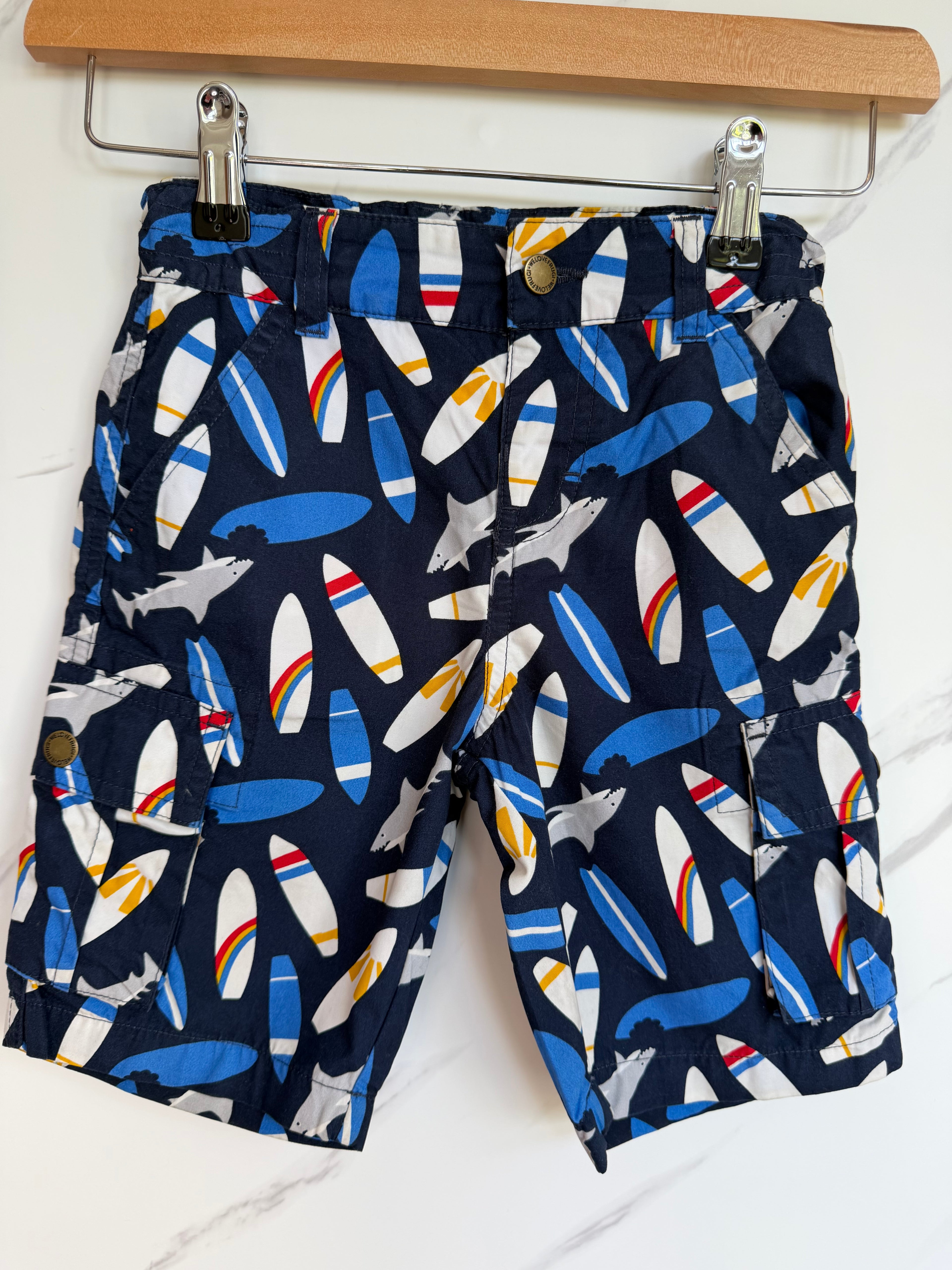 Frugi Navy Sharks & Surfboards Cargo Shorts Age 4-5 Years