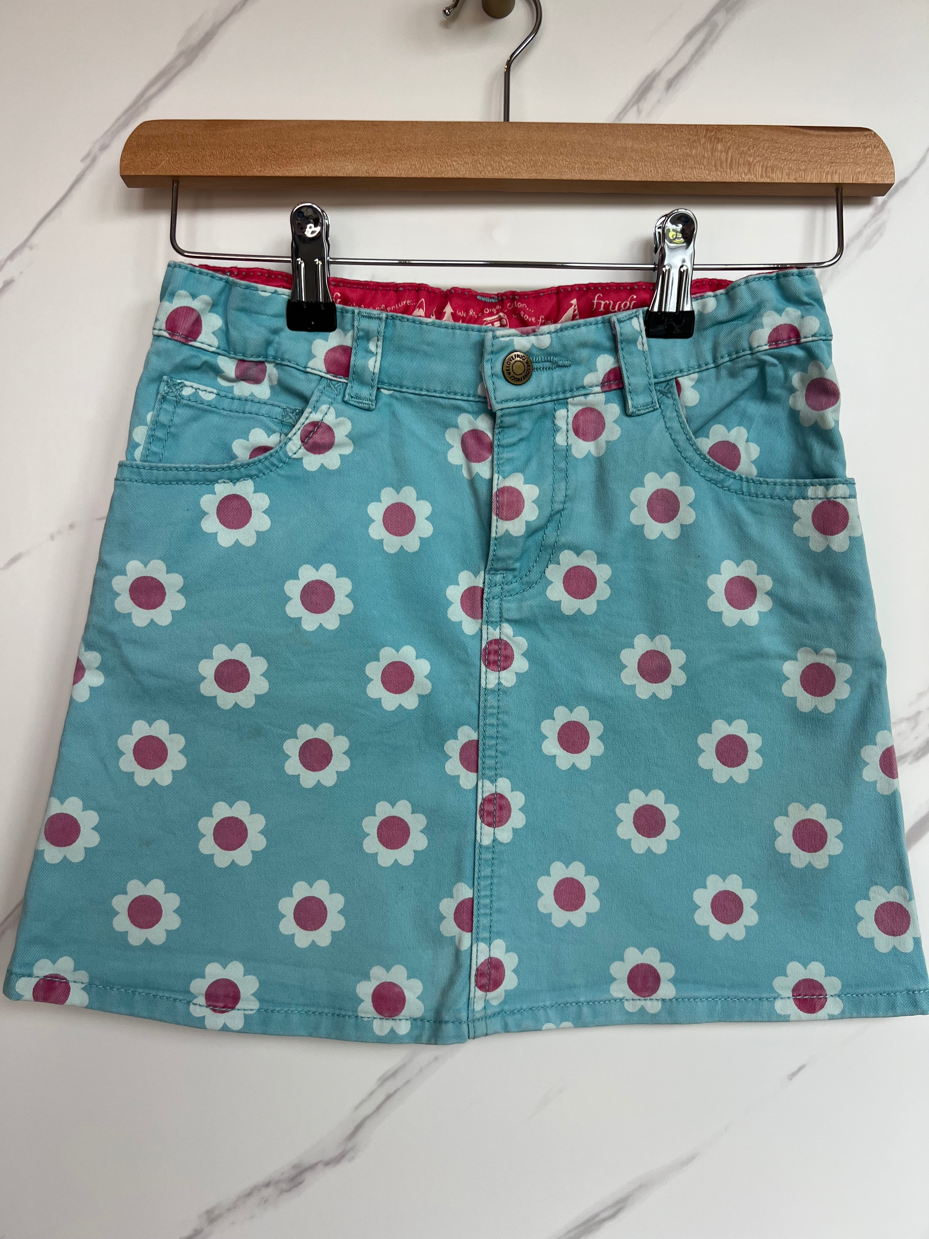 Frugi Turquoise Floral Denim Skirt Age 8-9 Years