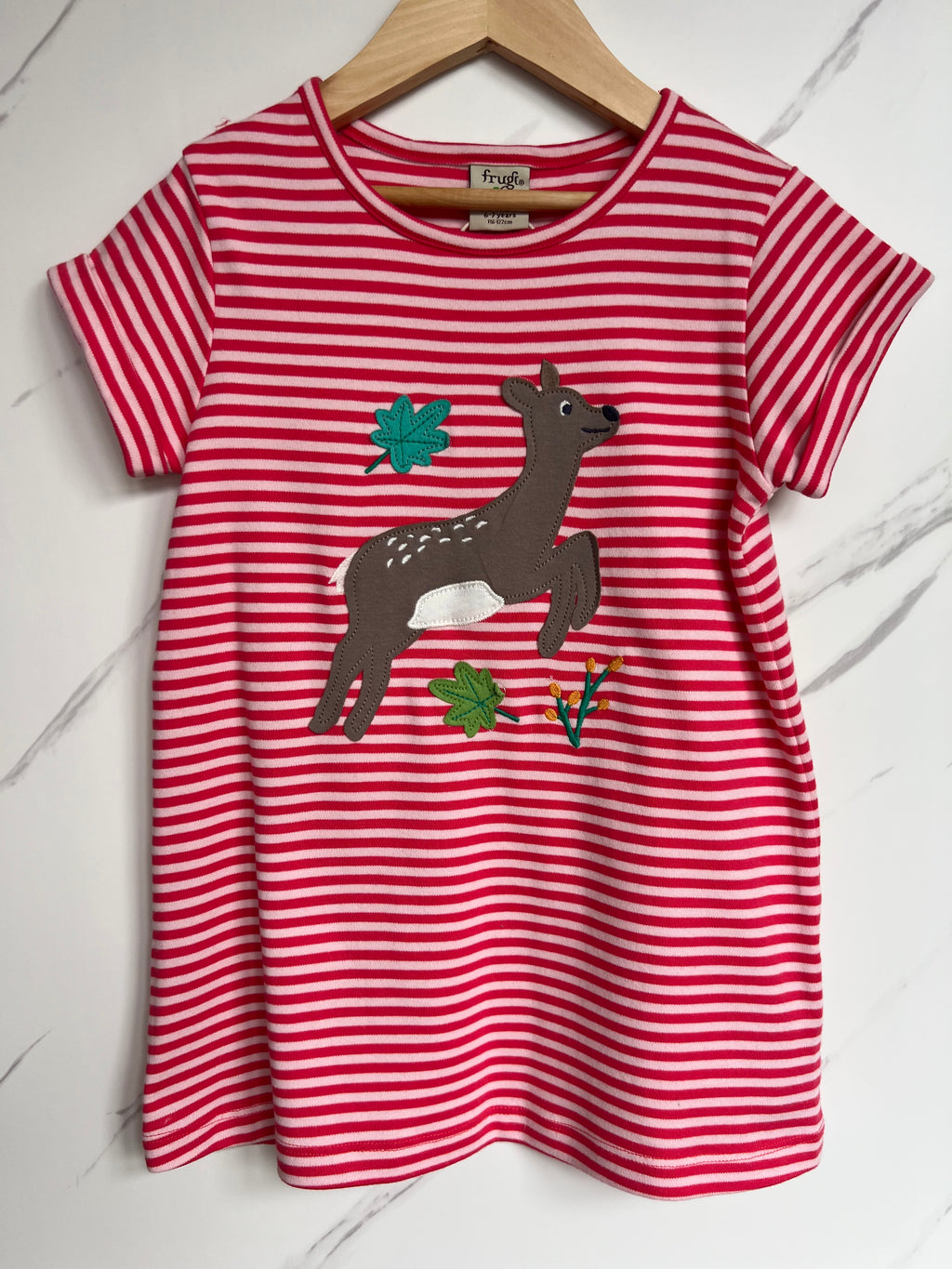 Frugi Pink Stripe Deer T-Shirt Age 6-7 Years