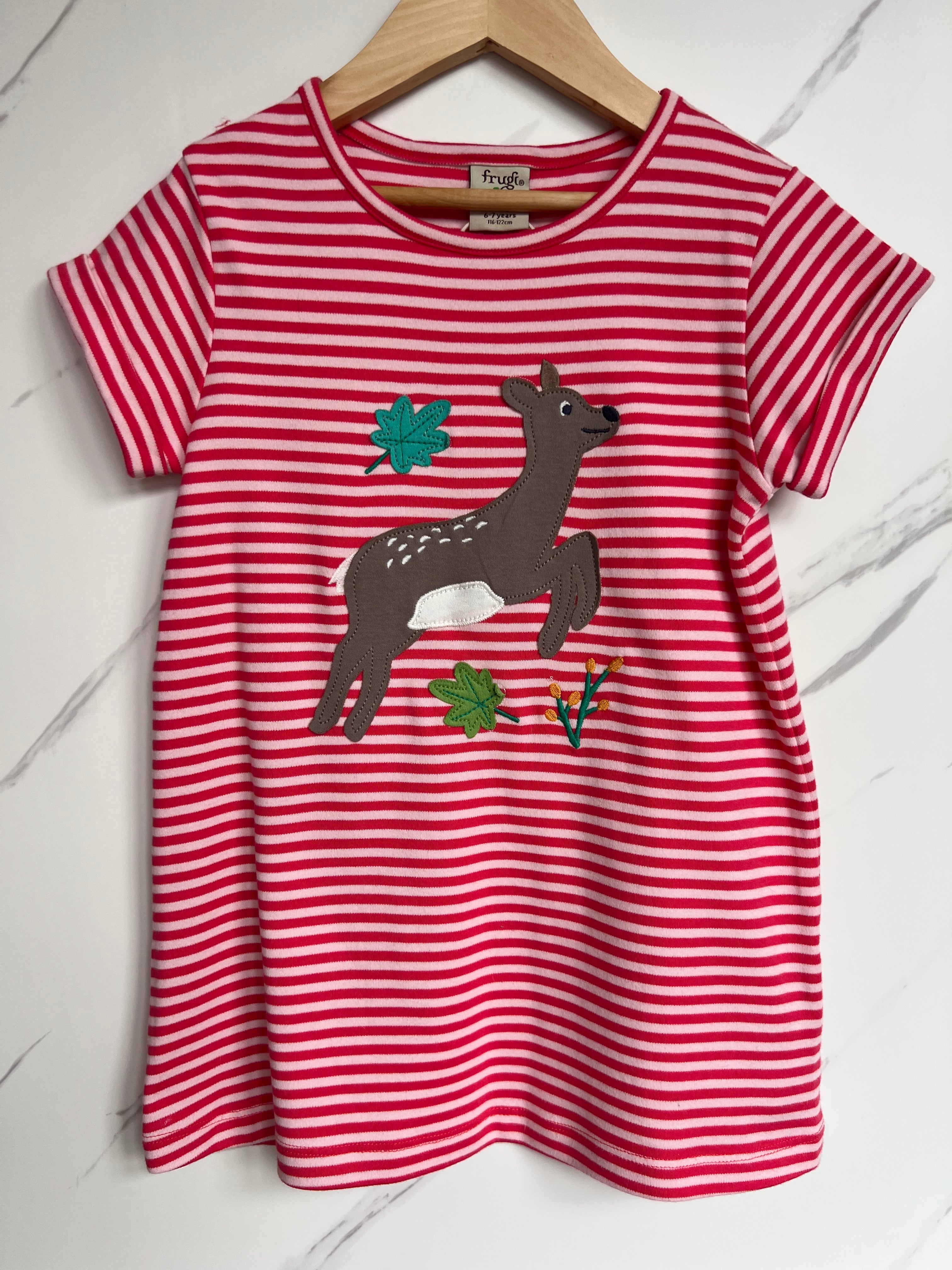 Frugi Pink Stripe Deer T-Shirt Age 6-7 Years