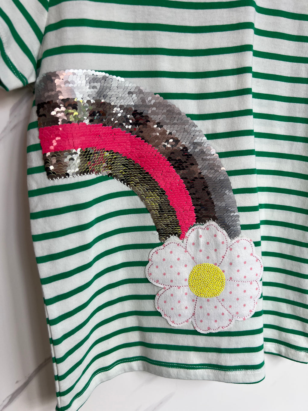 Boden Green Striped Rainbow Sequin T-Shirt Age 8-9 Years