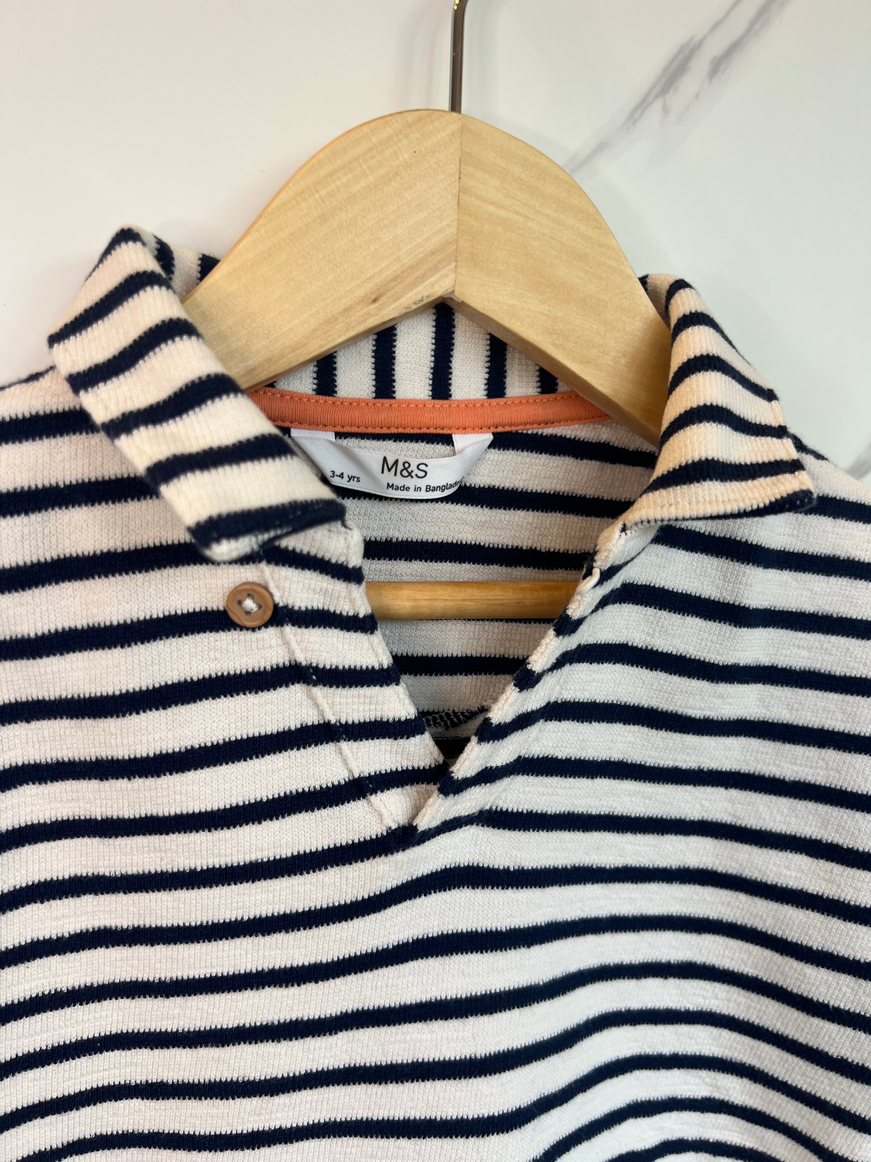 M&S Navy/White Striped Polo Shirt Age 3-4 Years