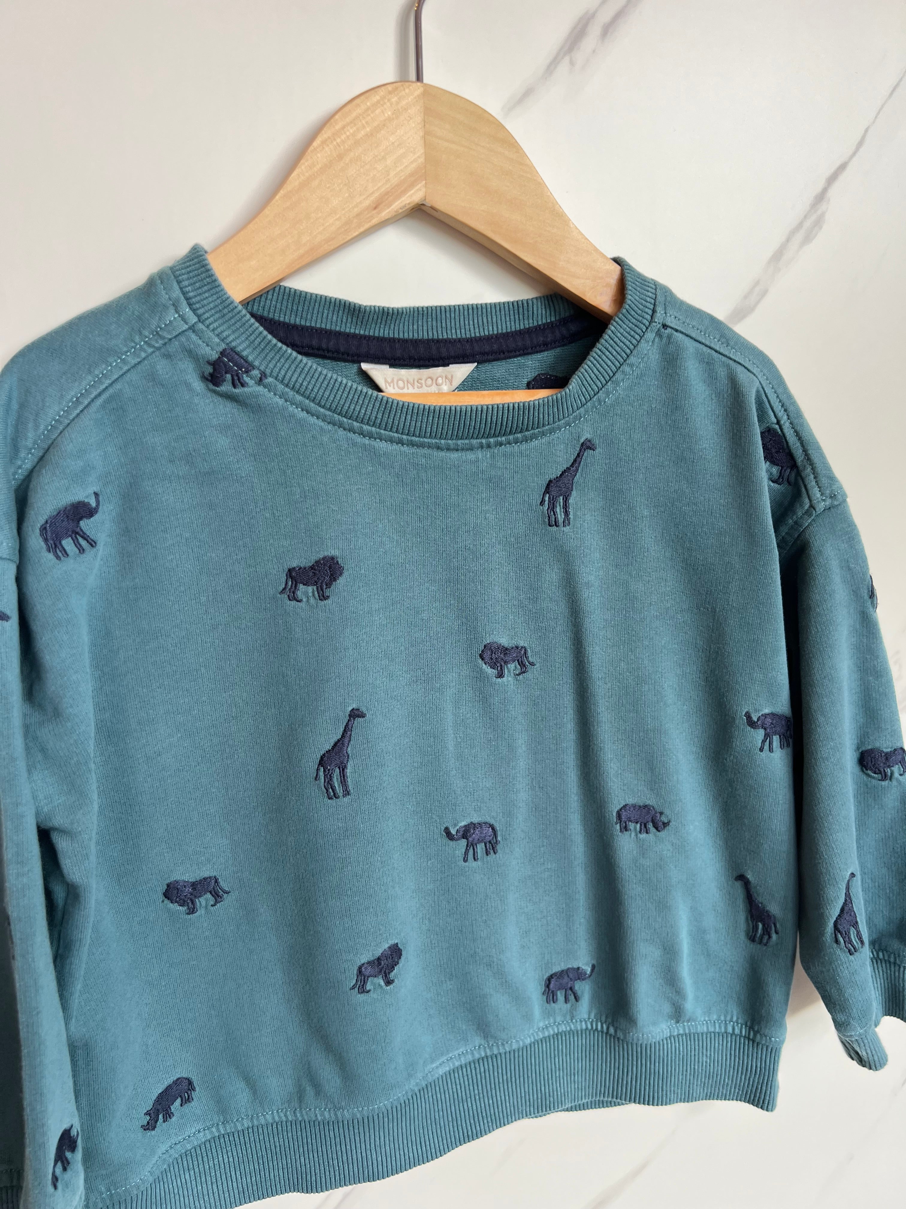 Monsoon Green/Teal Safari Jumper Age 2-3 Years
