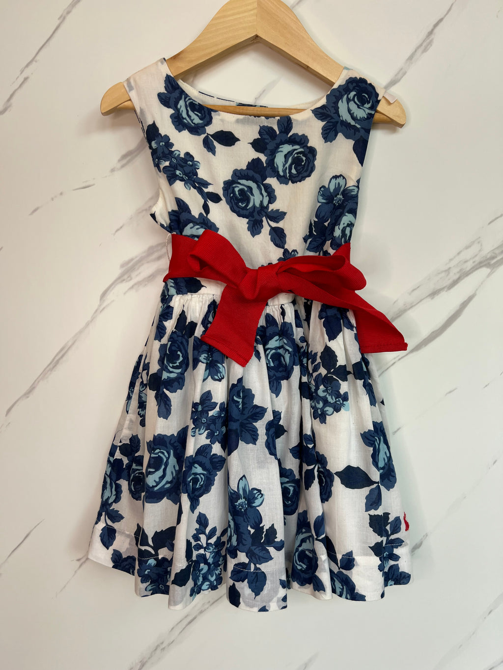 Joules White & Blue Rose Dress with Red Sash Age 3 Years