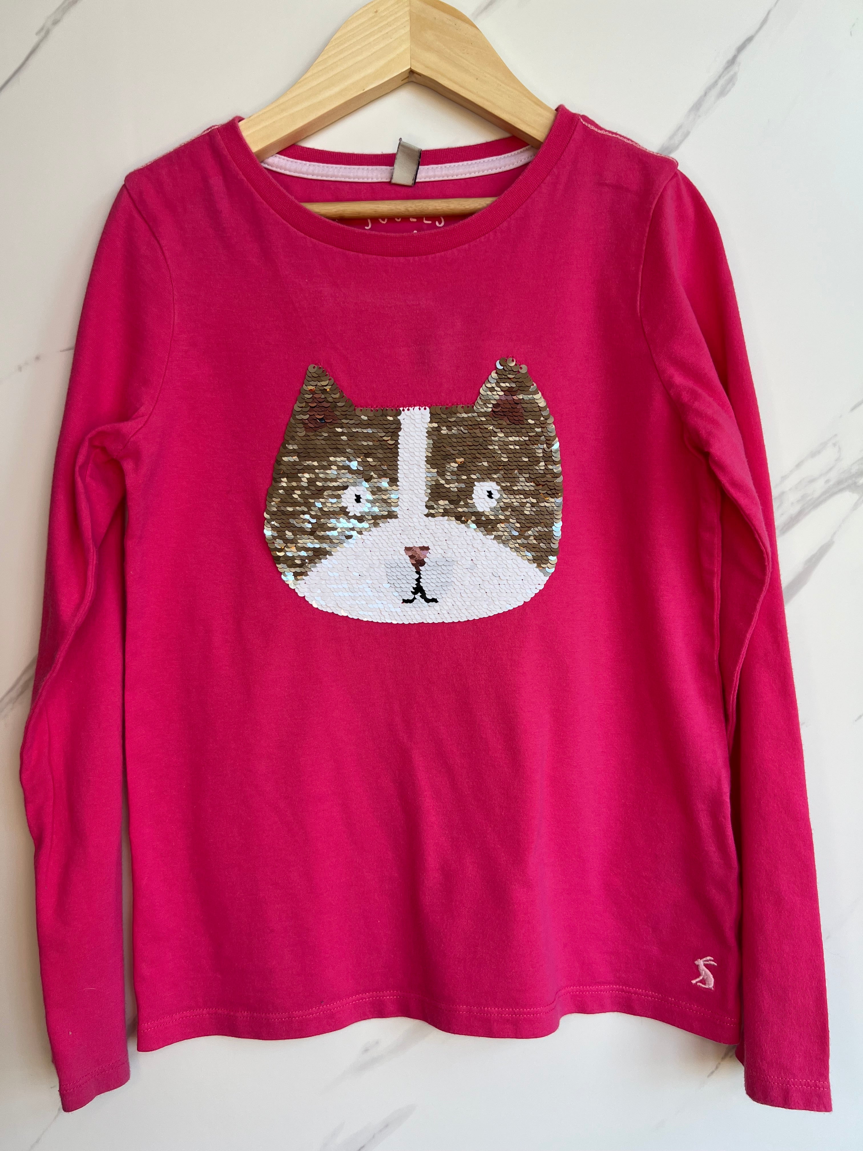 Joules Magenta Long-Sleeved Top with Sequinned Cat Age 8-9 Years