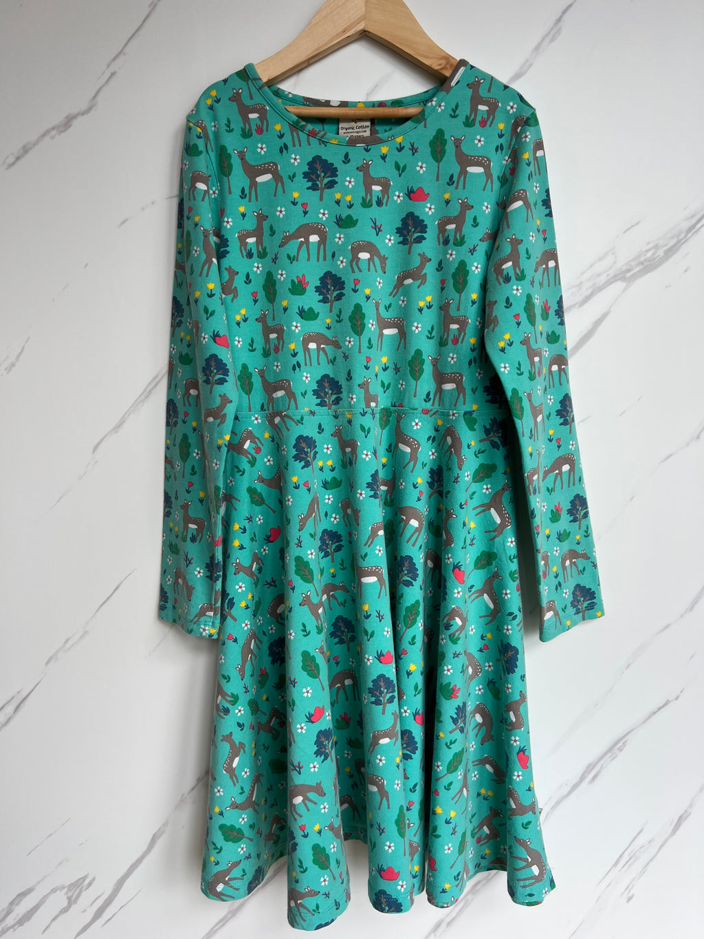 Frugi Green Deer Skater Dress Age 9-10 Years