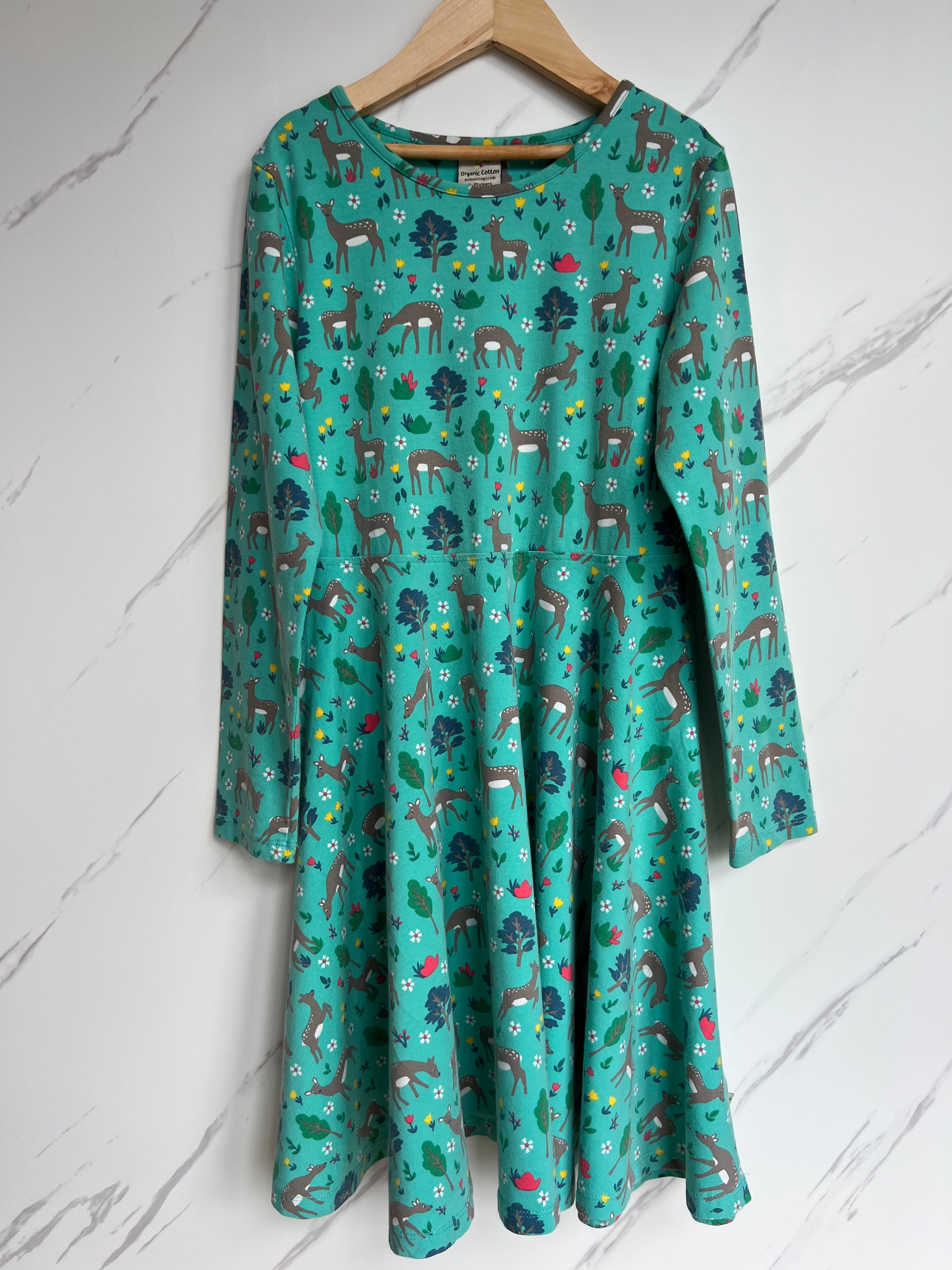 Frugi Green Deer Skater Dress Age 9-10 Years