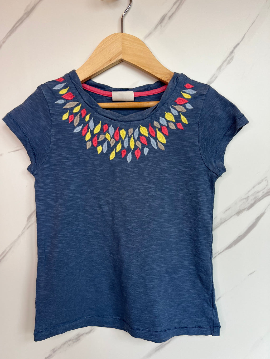 Boden Blue Leaf Embroidery T-Shirt Age 4-5 Years