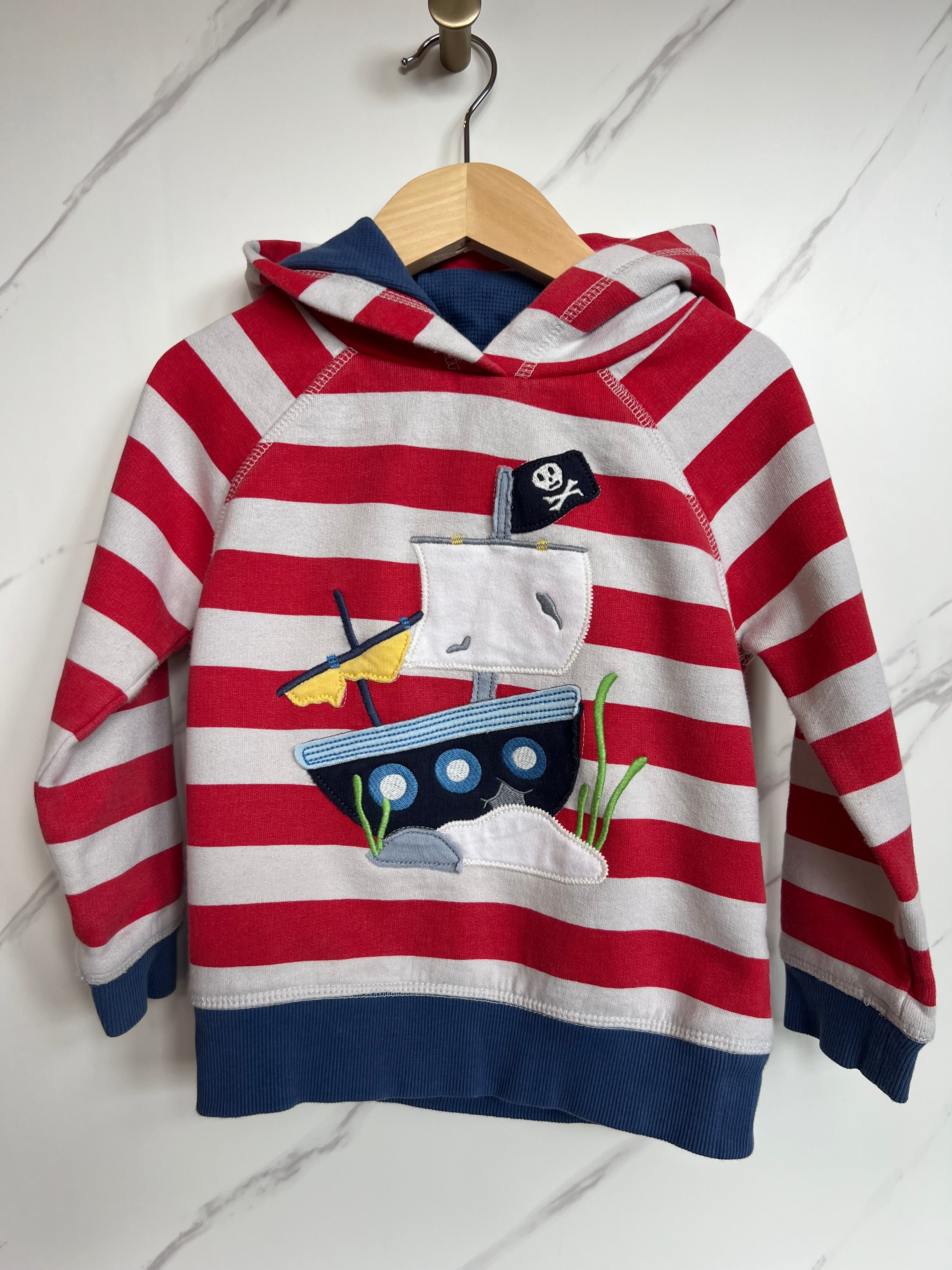 Frugi Red Striped Pirate Ship Hooded Sweatshirt Age 3-4 Years