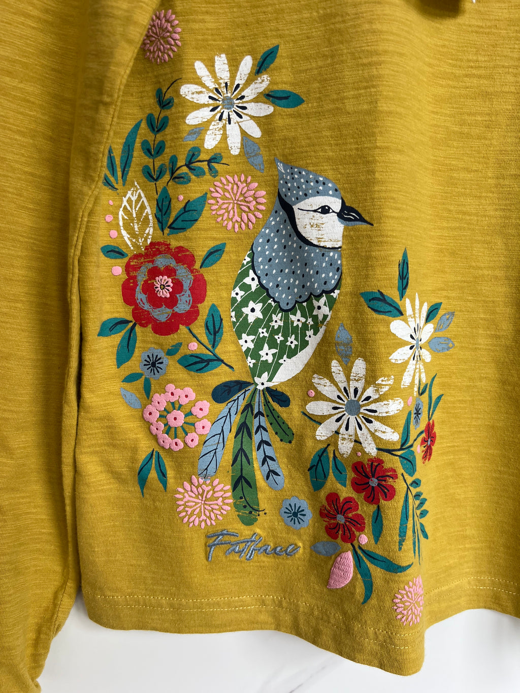 FatFace Mustard Coloured Top with Bird Design Age 9-10 Years