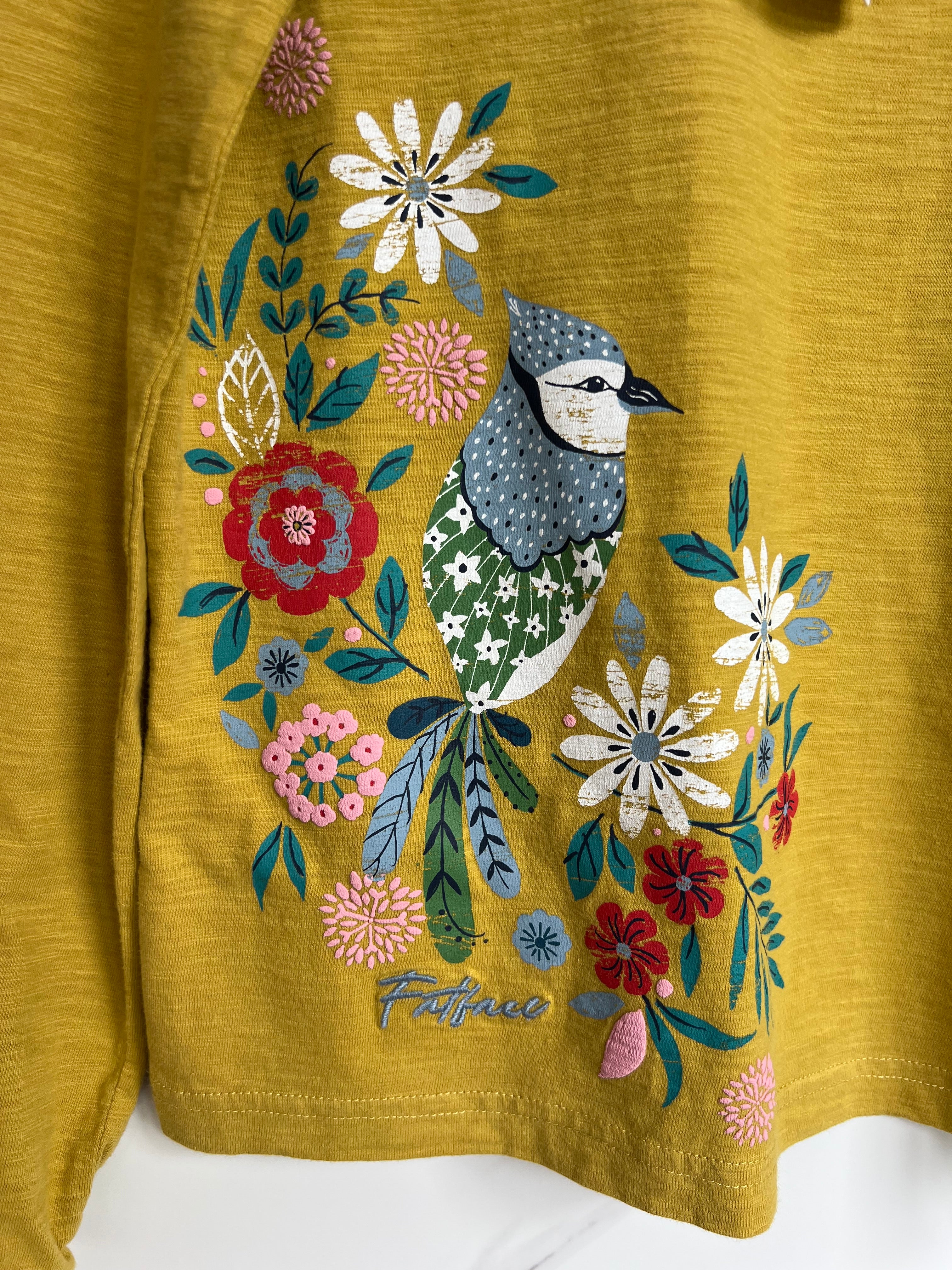 FatFace Mustard Coloured Top with Bird Design Age 9-10 Years