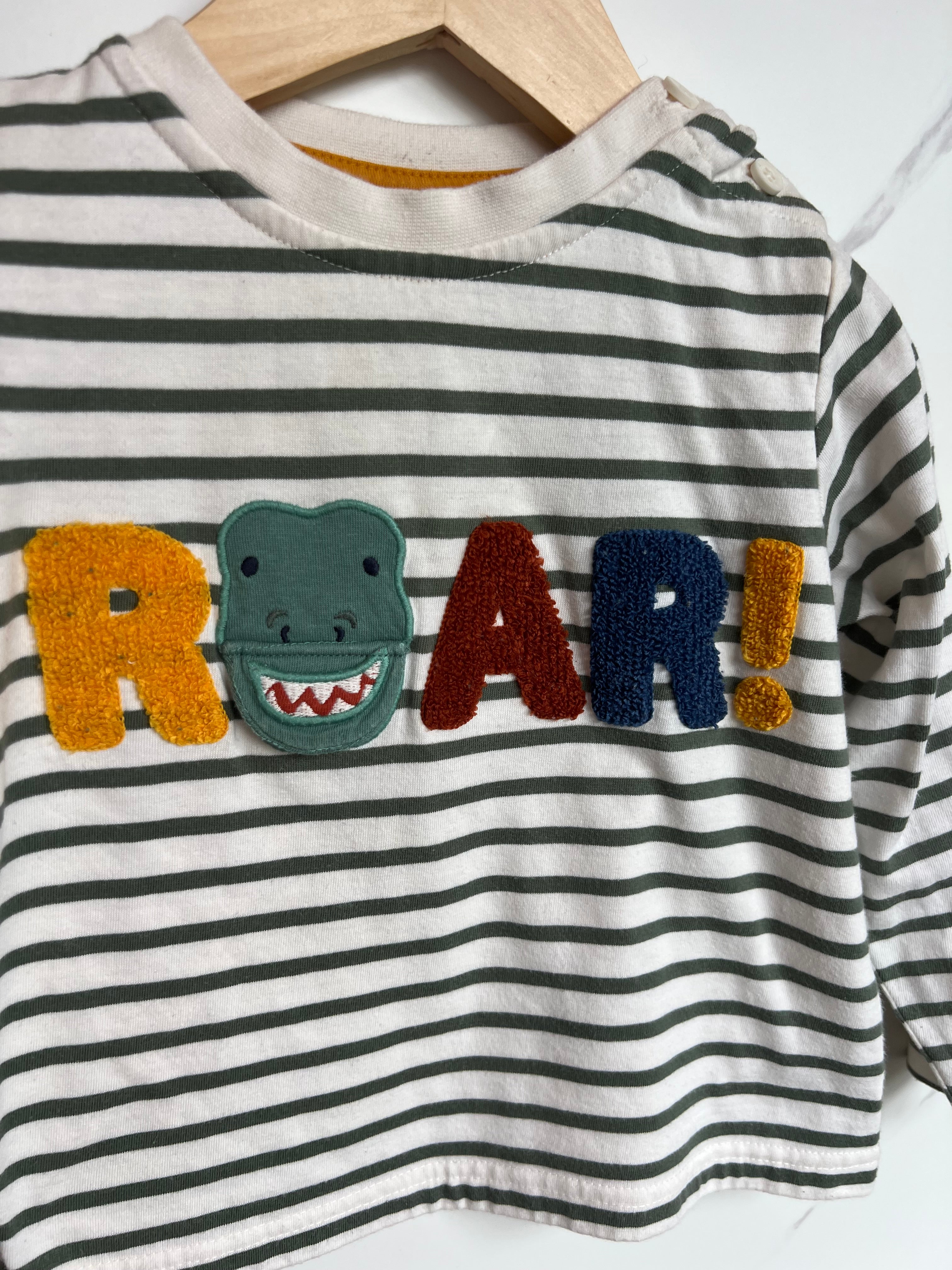 JoJo Maman Bebe Green Striped "ROAR" Long-Sleeved Top Age 2-3 Years