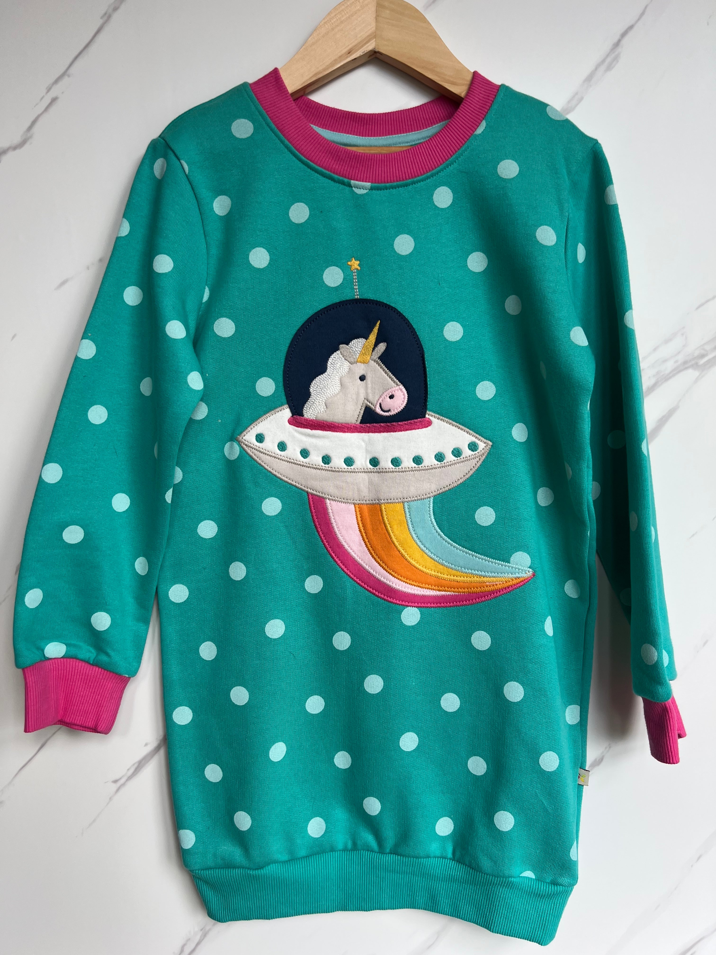 Frugi Green Space Unicorn Jumper Dress Age 6-7 Years