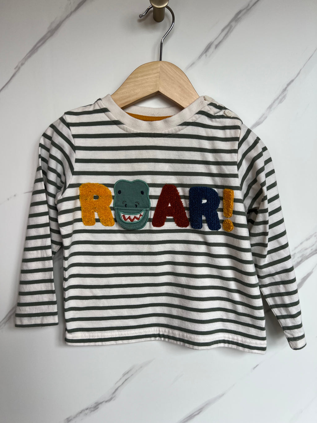 JoJo Maman Bebe Green Striped "ROAR" Long-Sleeved Top Age 2-3 Years