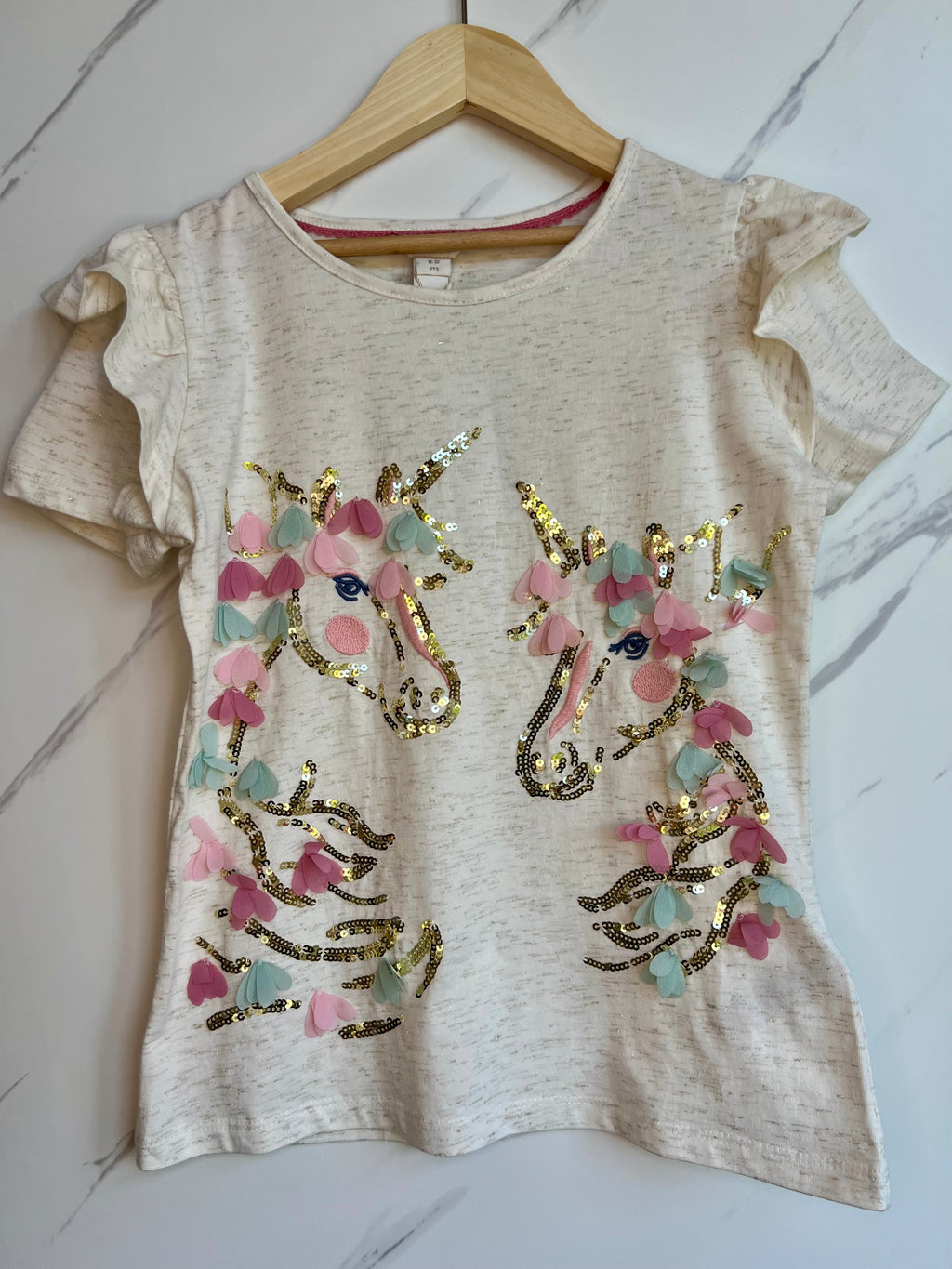 Monsoon Cream T-Shirt with Sequinned Unicorns Age 11-12 Years