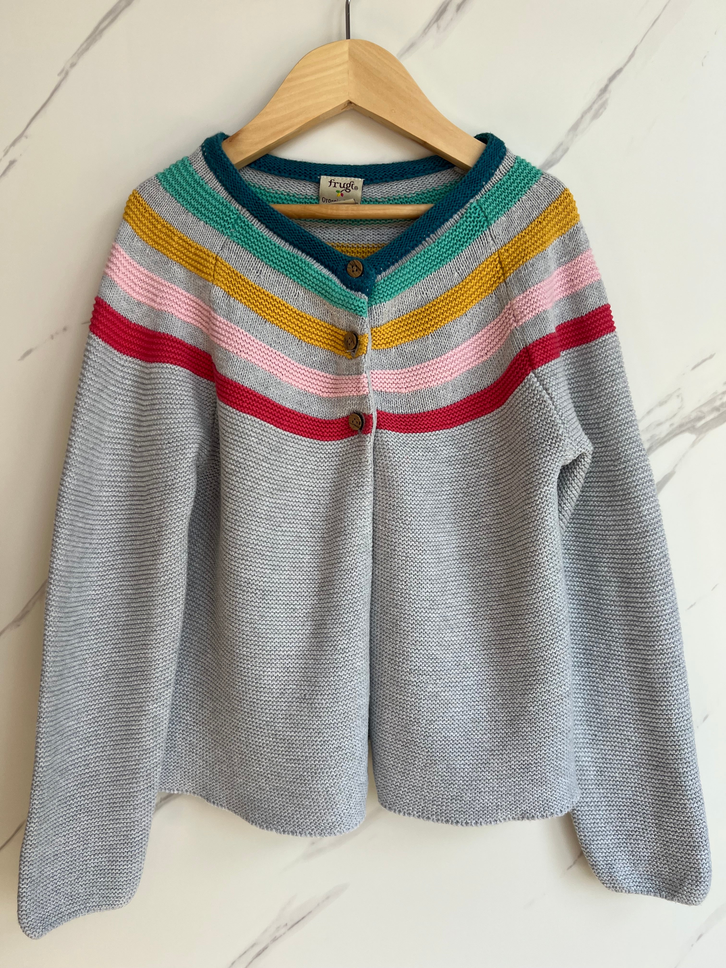 Frugi Grey Cardigan with Rainbow Stripes Age 6-7 Years