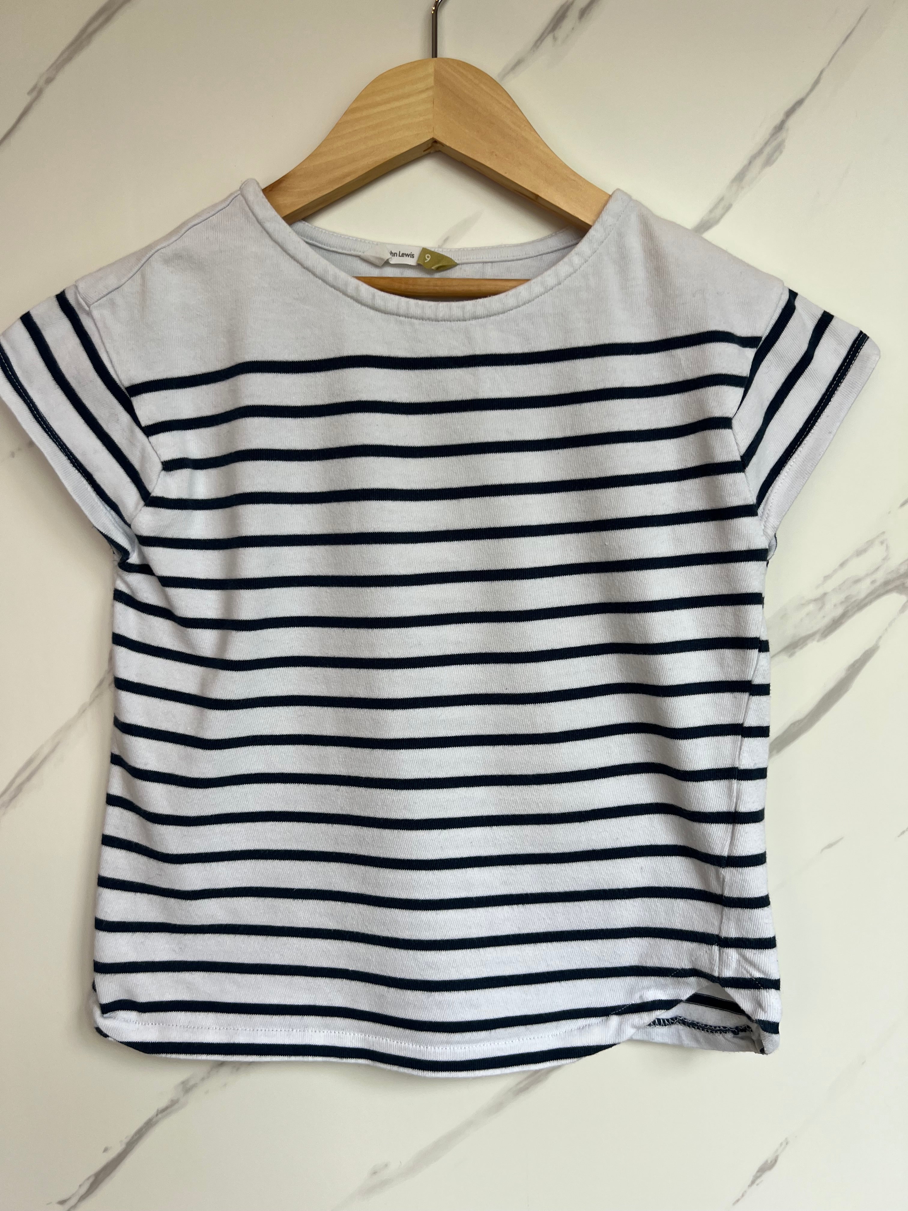 John Lewis White/Navy Striped T-Shirt Age 9 Years